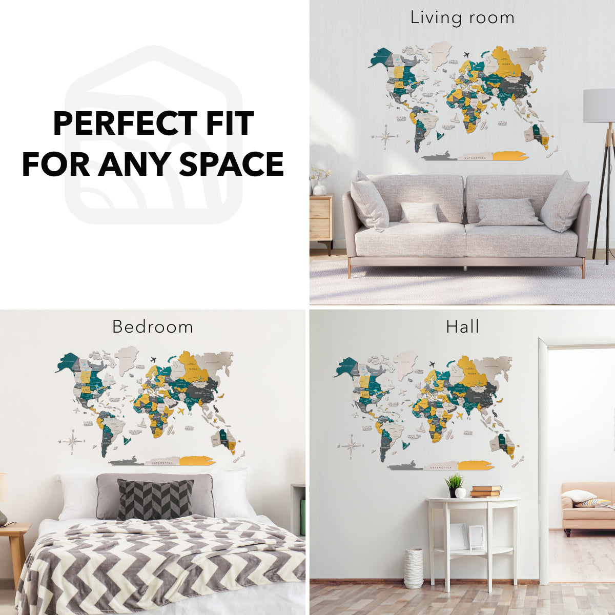 World map wall art displayed in various rooms with text 'Perfect Fit for Any Space'.