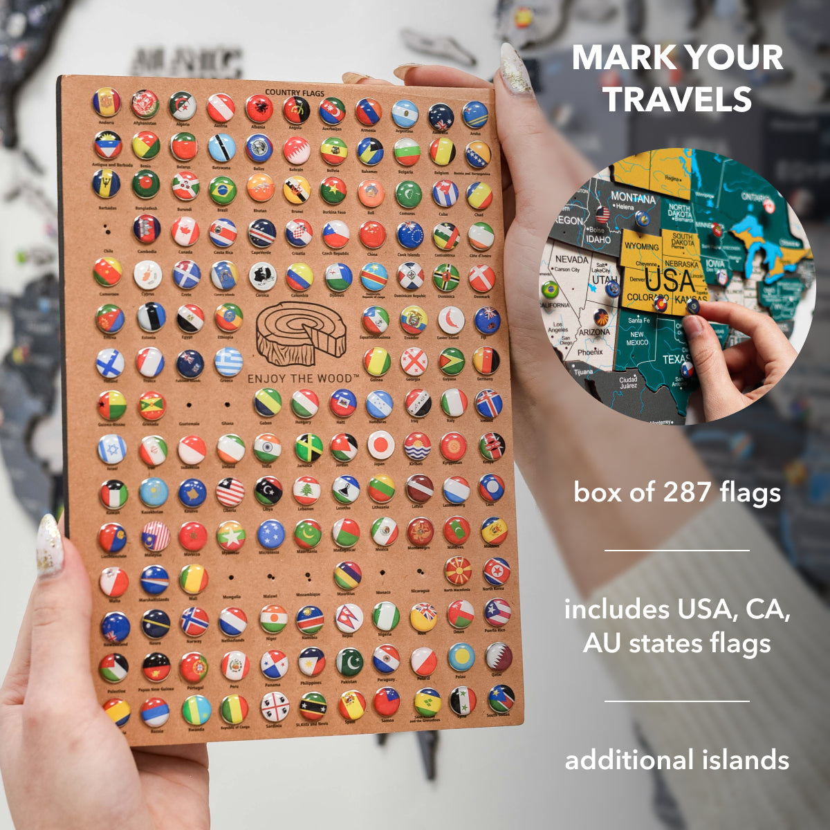 Box of 287 flags with various country and state flags, held by a person.