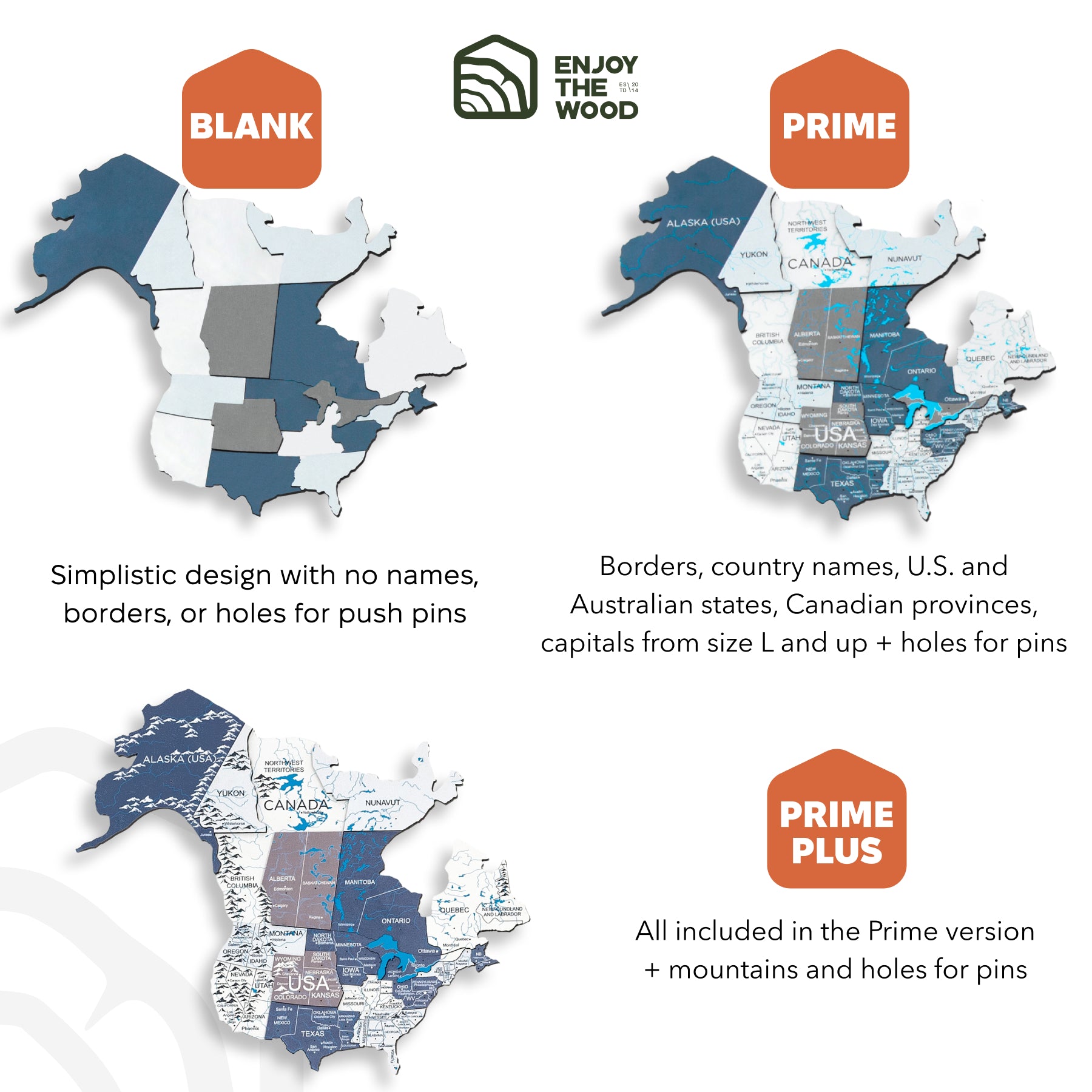 Map of North America with labeled versions: Blank, Prime, and Prime Plus, featuring borders, country names, and push pin holes.
