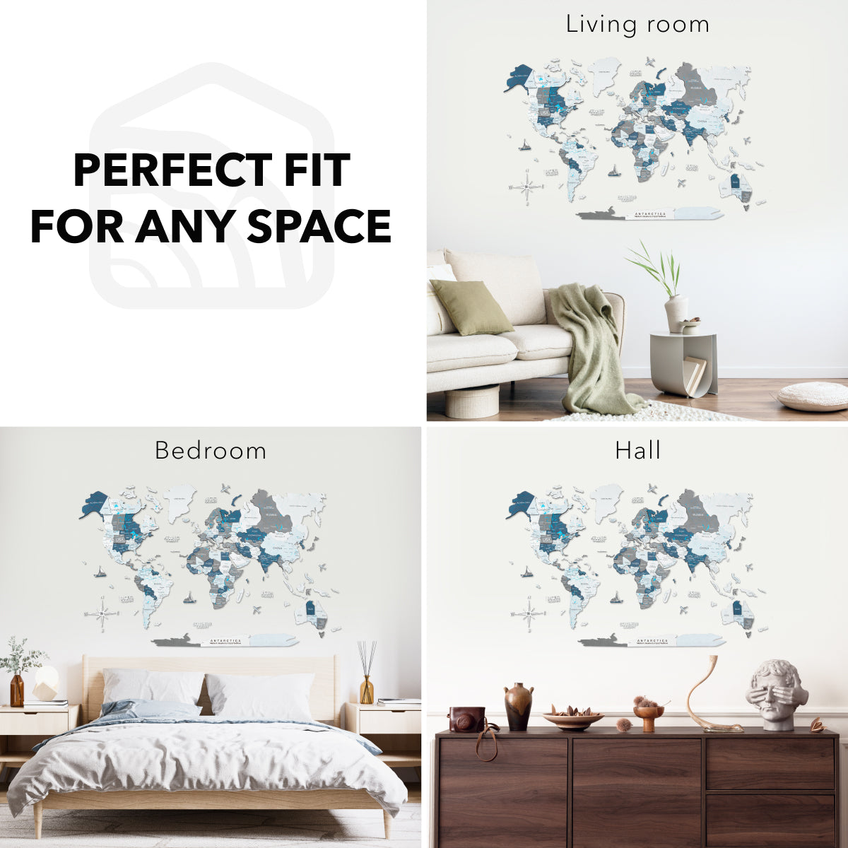 World map wall decal displayed in various rooms with text 'Perfect Fit for Any Space'.