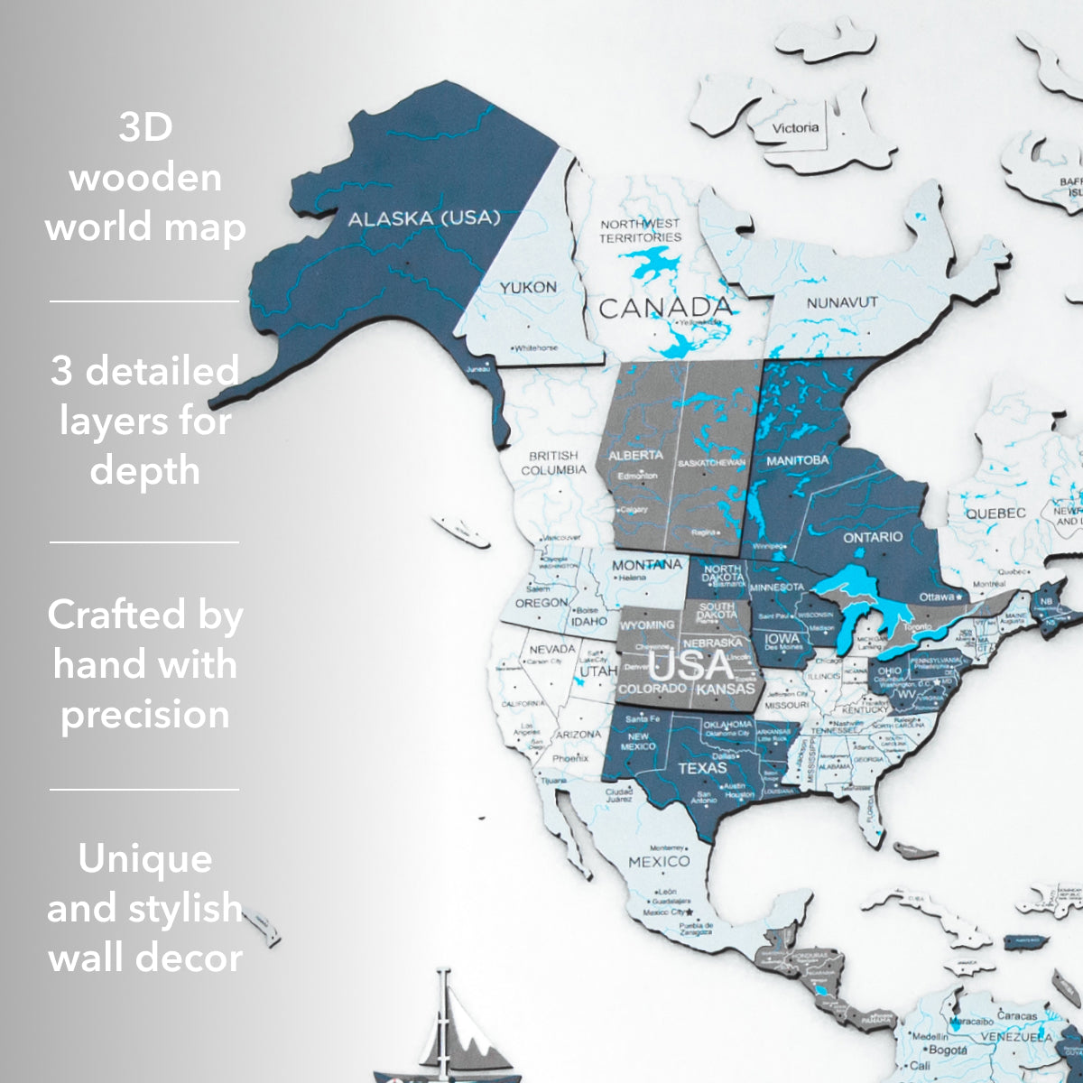 3D wooden world map with detailed layers, featuring the USA and Canada.