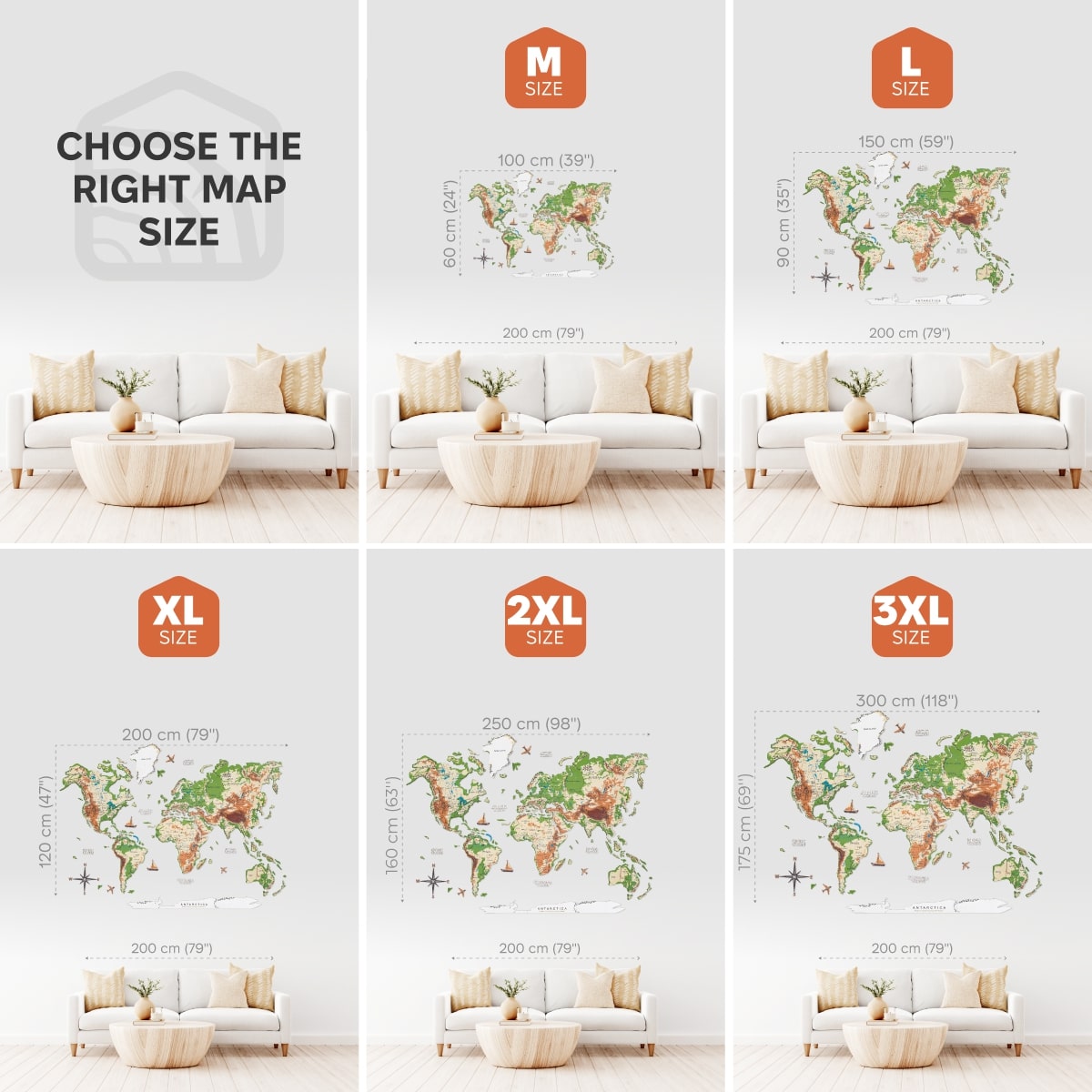 Collage of world map sizes with corresponding dimensions in a living room setting.
