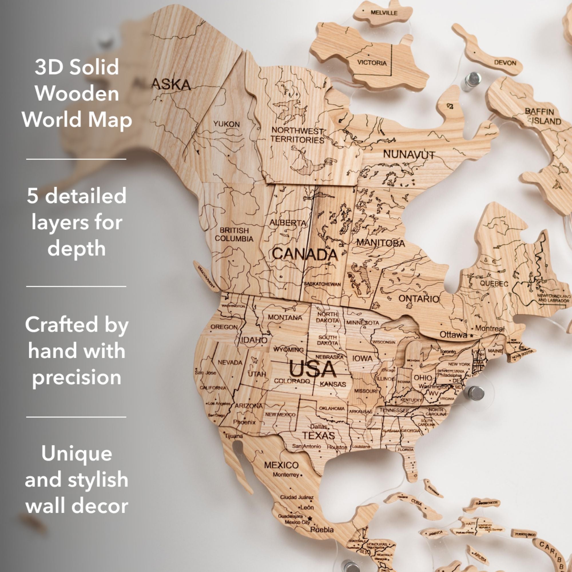 3D Solid Wooden World Map Ash info