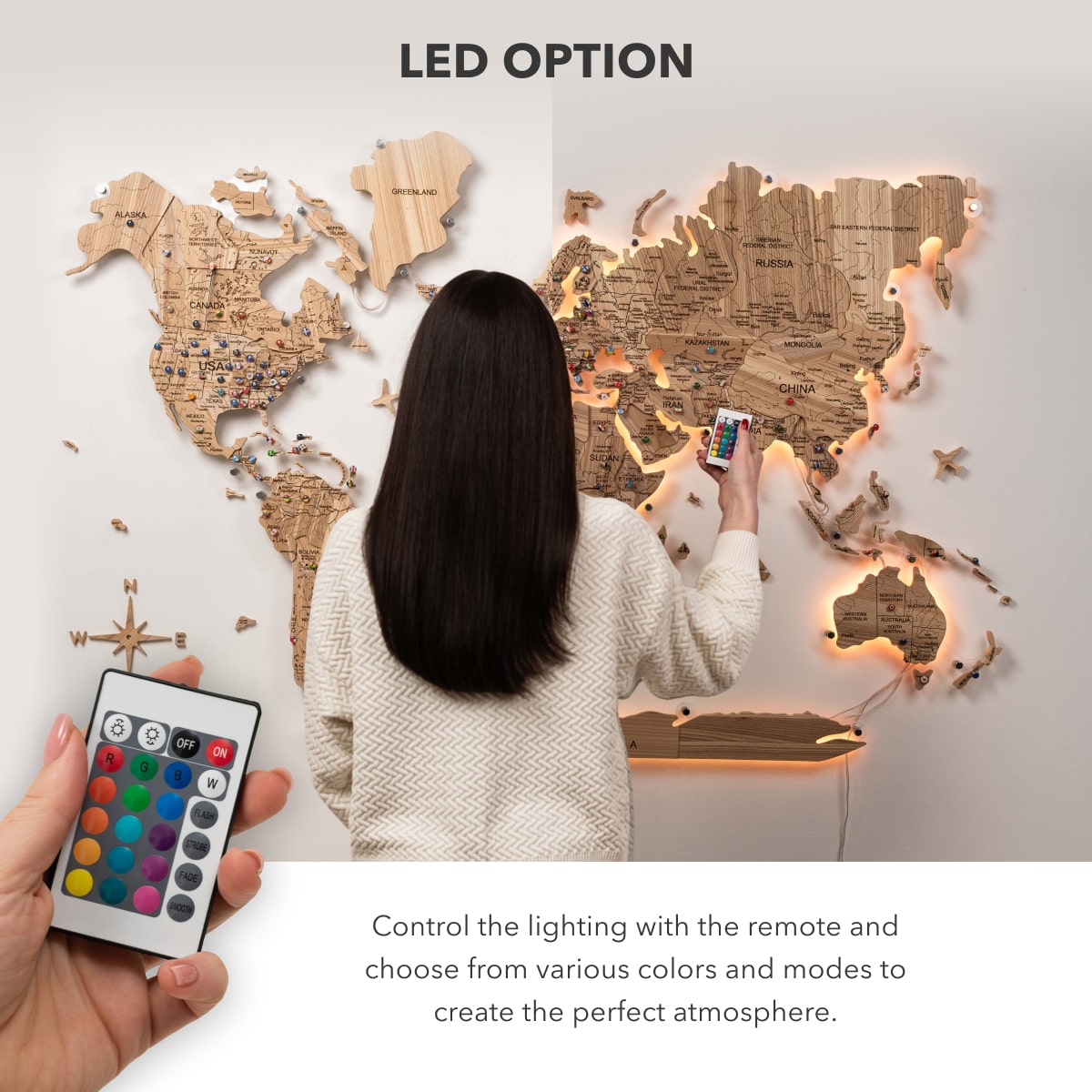 3D Solid Wooden World Map - Ash led options
