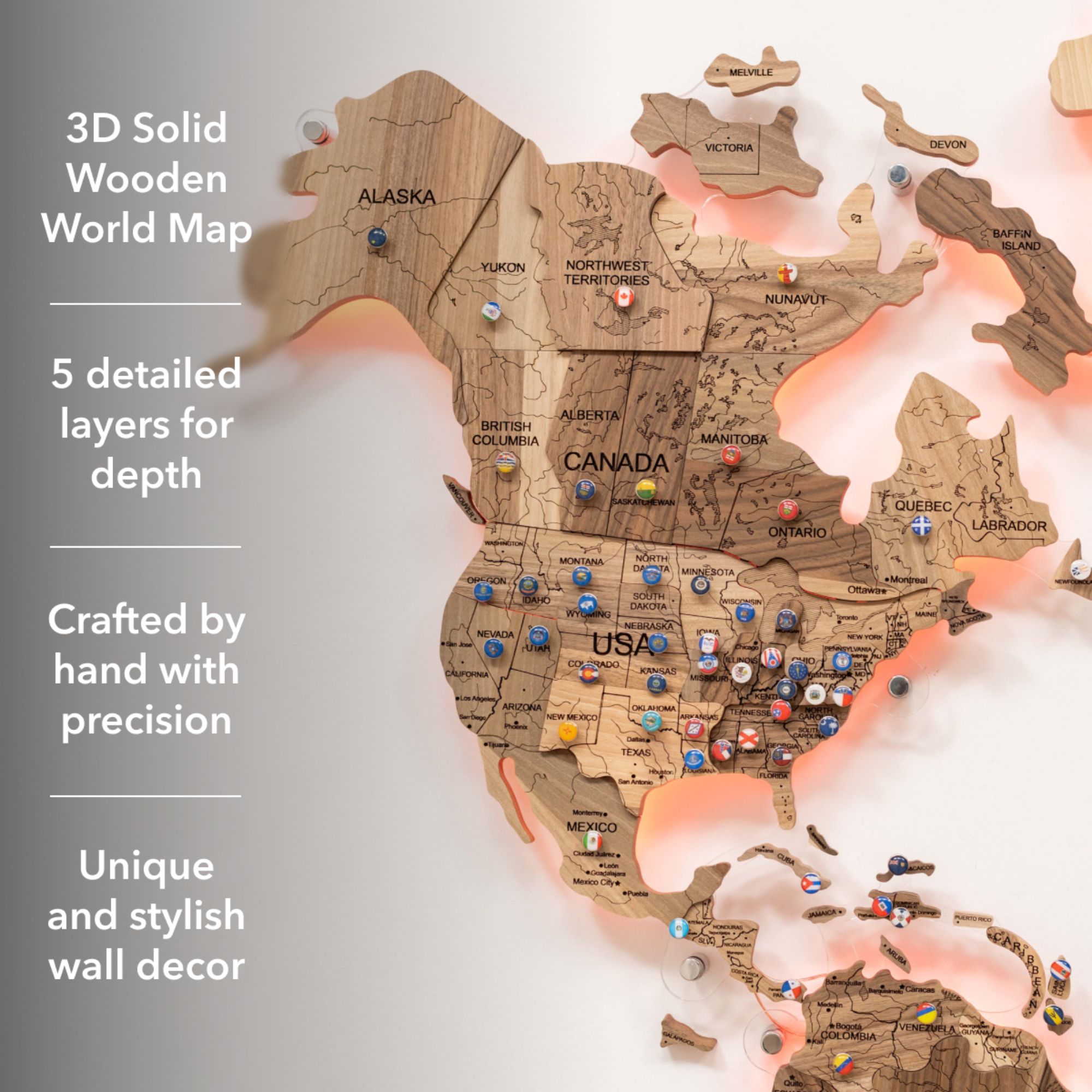 3D Solid Wooden World Map - Walnut info