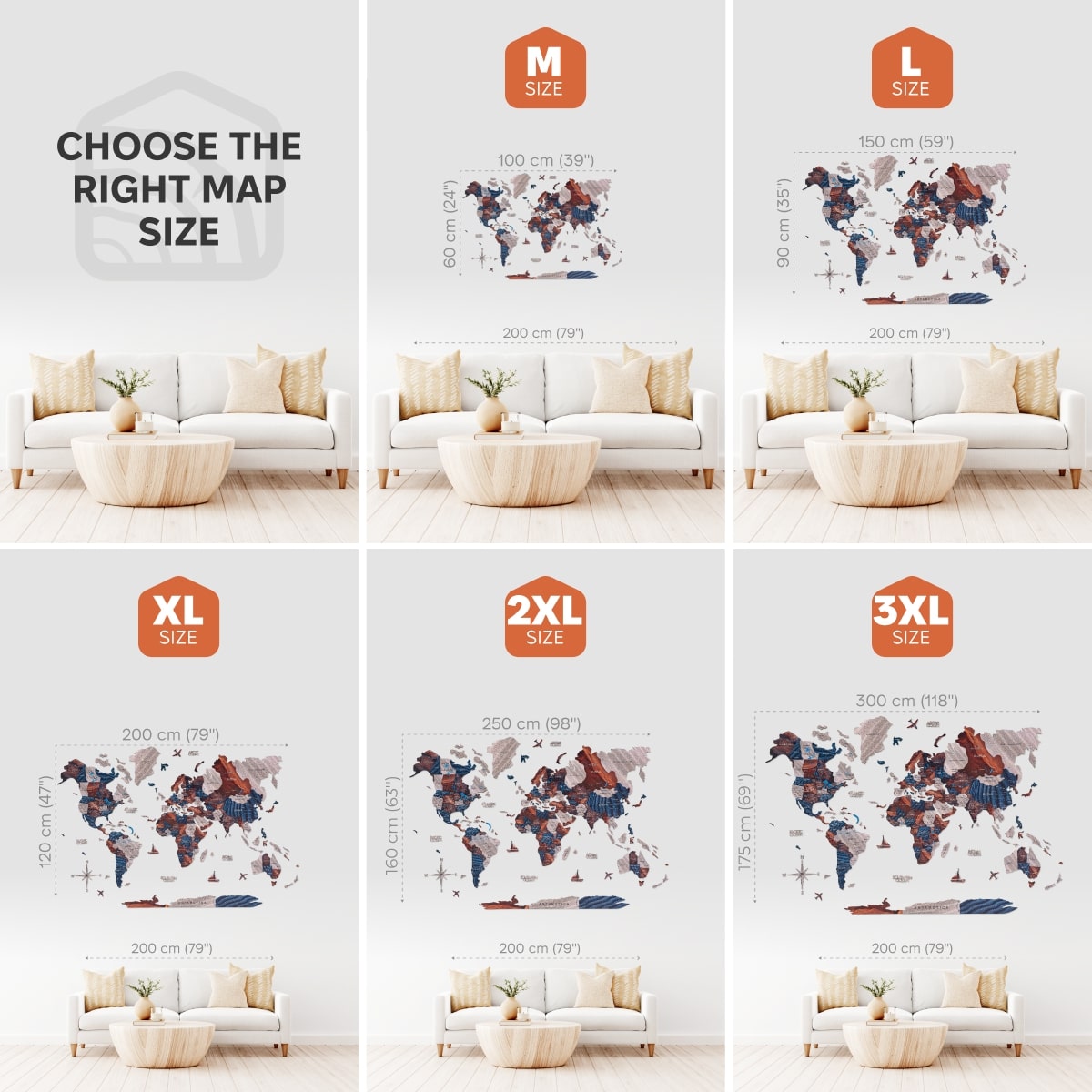 Comparison of world map sizes on a wall above a sofa.