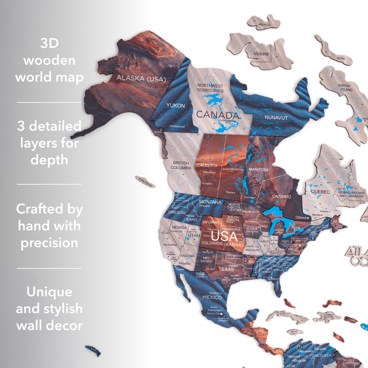 3D wooden world map with detailed layers on a white background