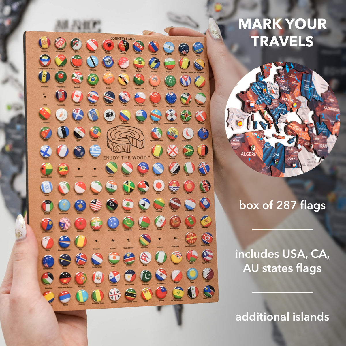 Box of 287 colorful flag pins held by a person, with an inset showing a map.