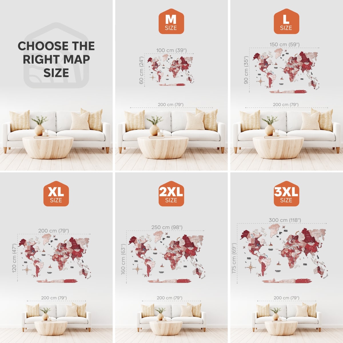 Collage of world map wall stickers in different sizes with room dimensions.