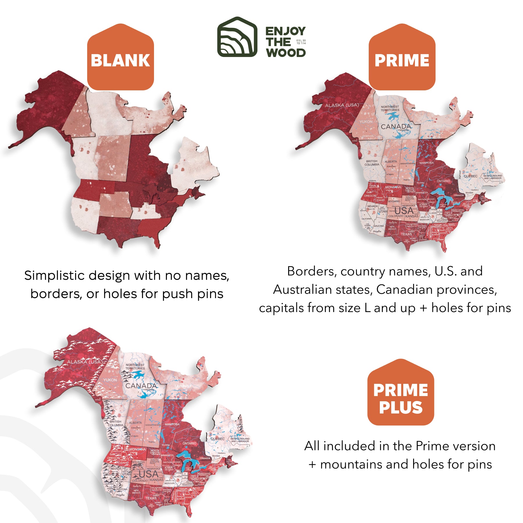 Three versions of a map with different levels of detail and features, labeled 'Blank', 'Prime', and 'Prime Plus'.