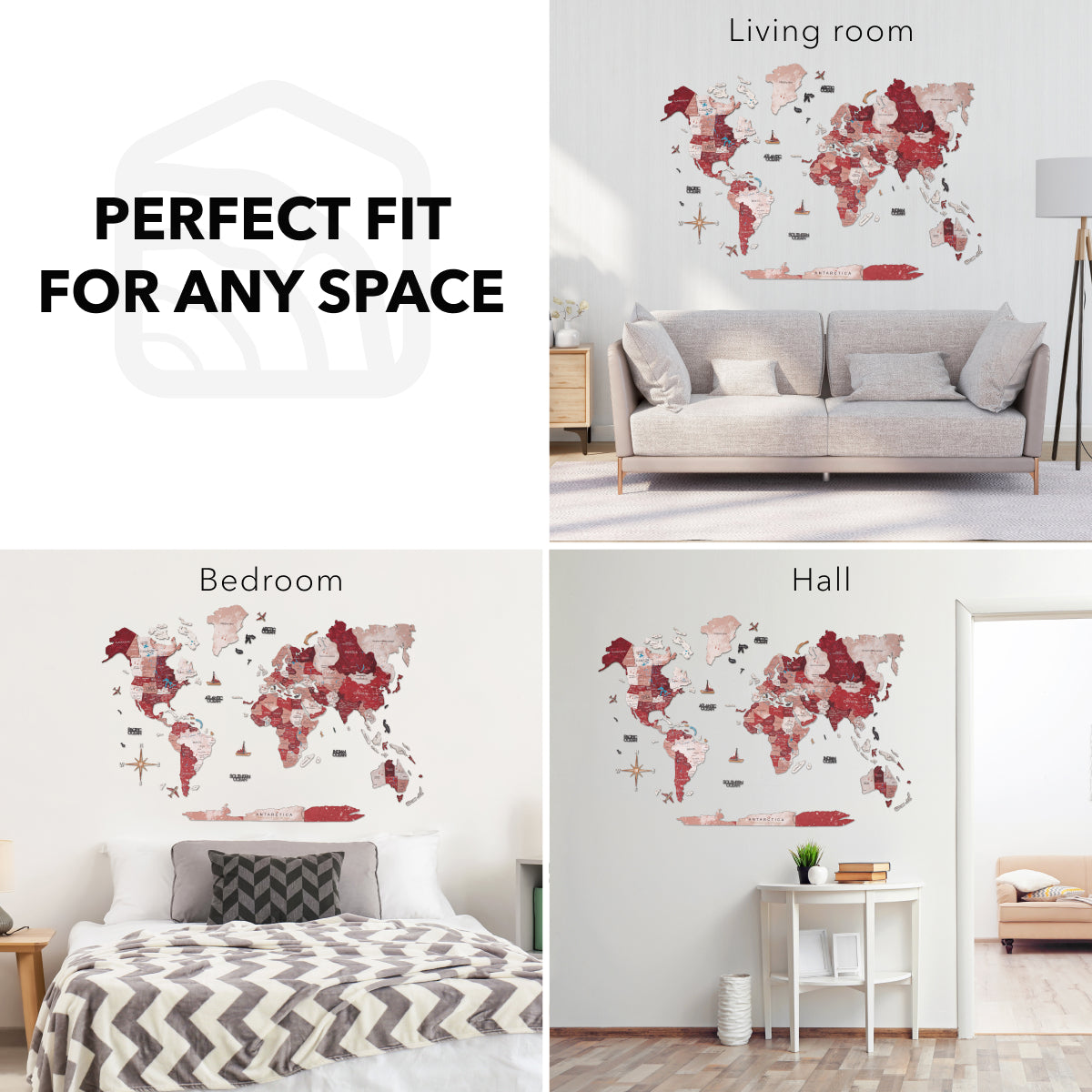World map wall decal displayed in various rooms with text 'Perfect Fit for Any Space'.