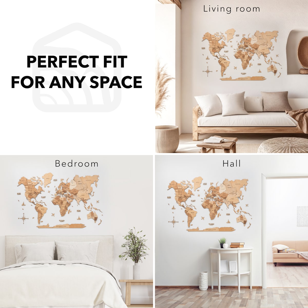 gold wooden world map