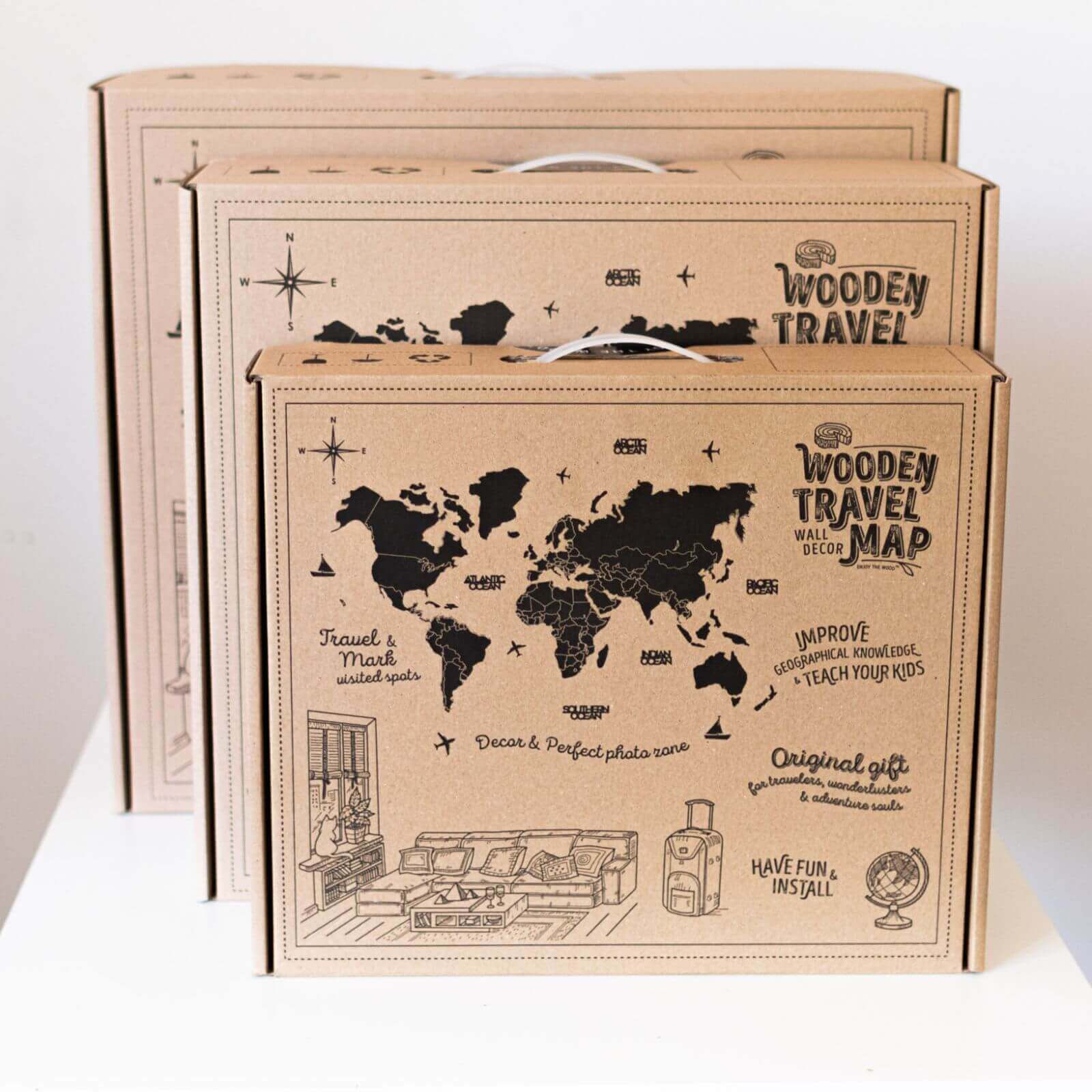 3D Wooden World Map Volcano boxes