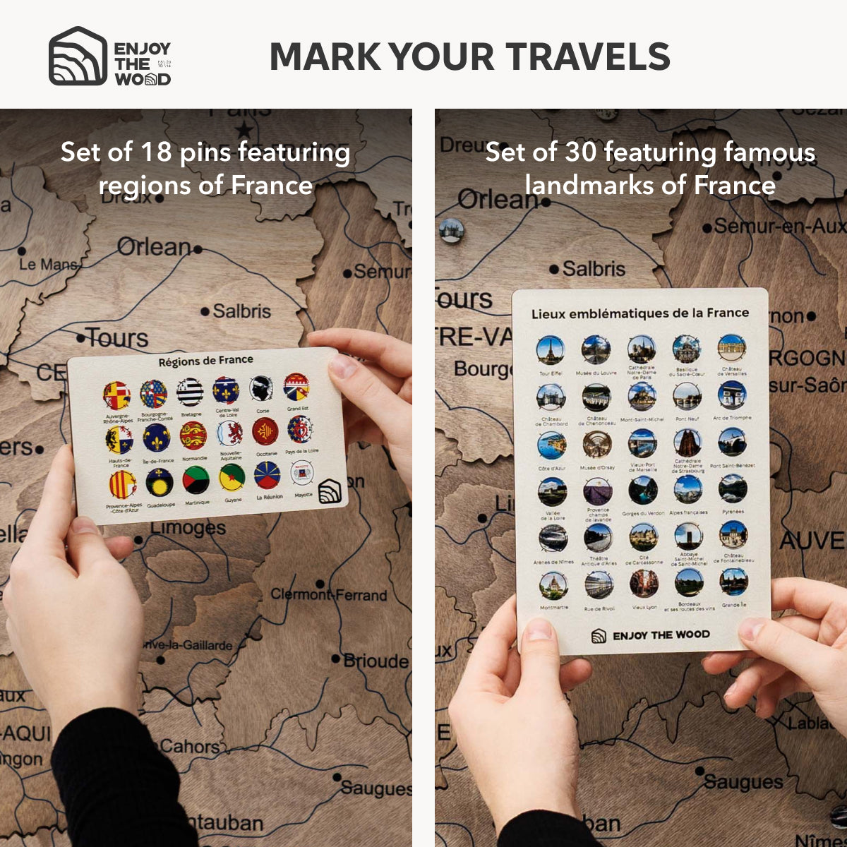 Two sets of travel-themed pins held over a map, one with regions of France and the other with landmarks.