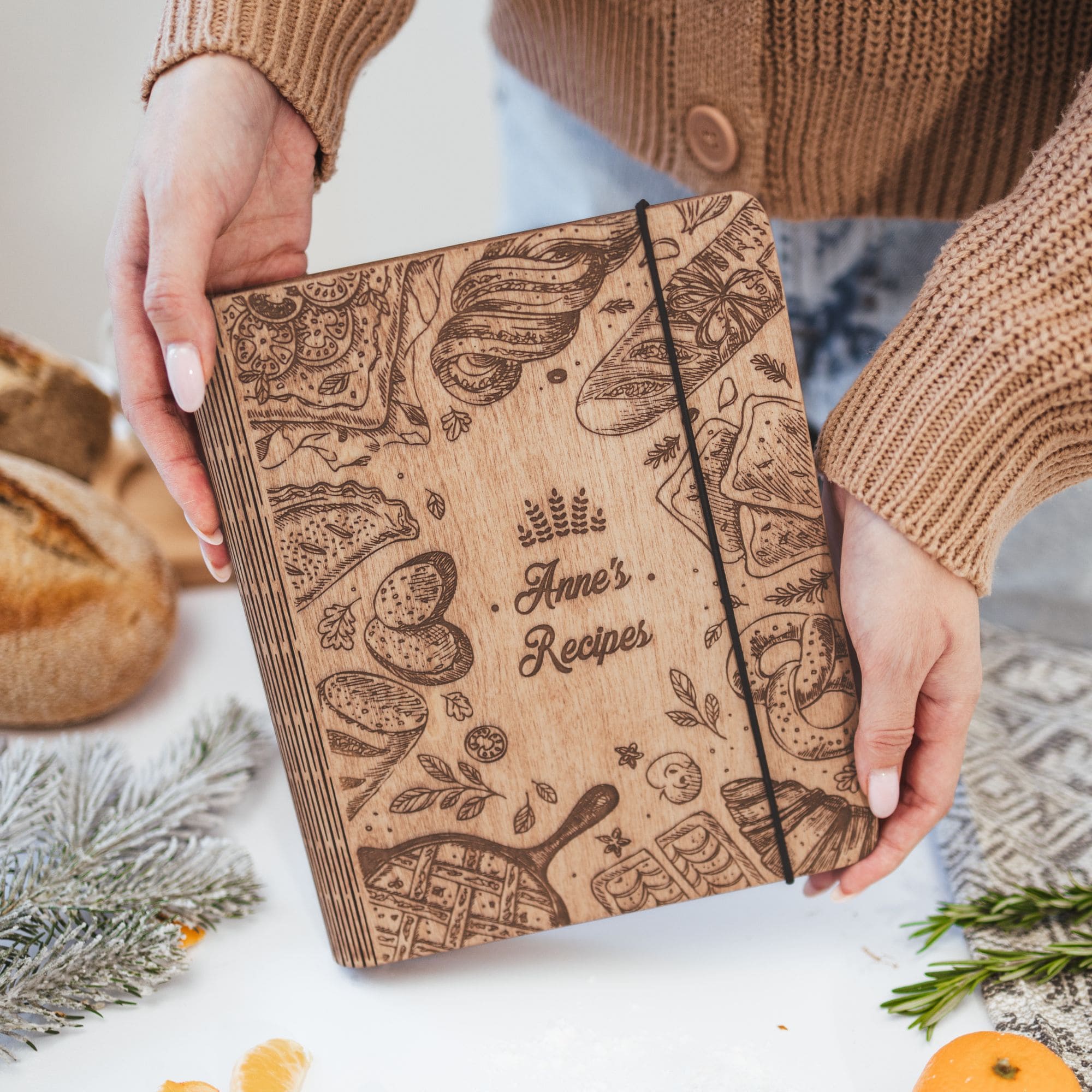 Personalized wooden recipe book with engraved food design cover