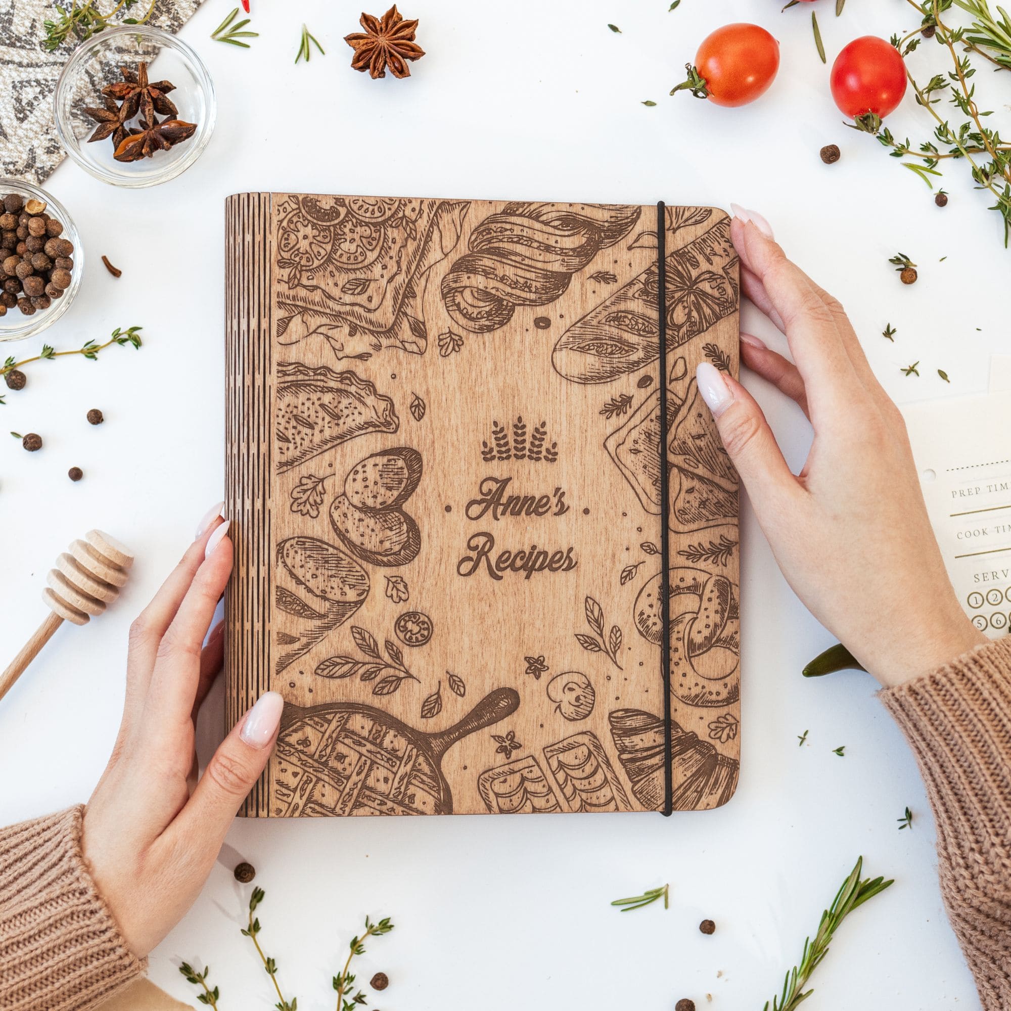 Custom wooden recipe book Anne’s Recipes with engraved cooking design