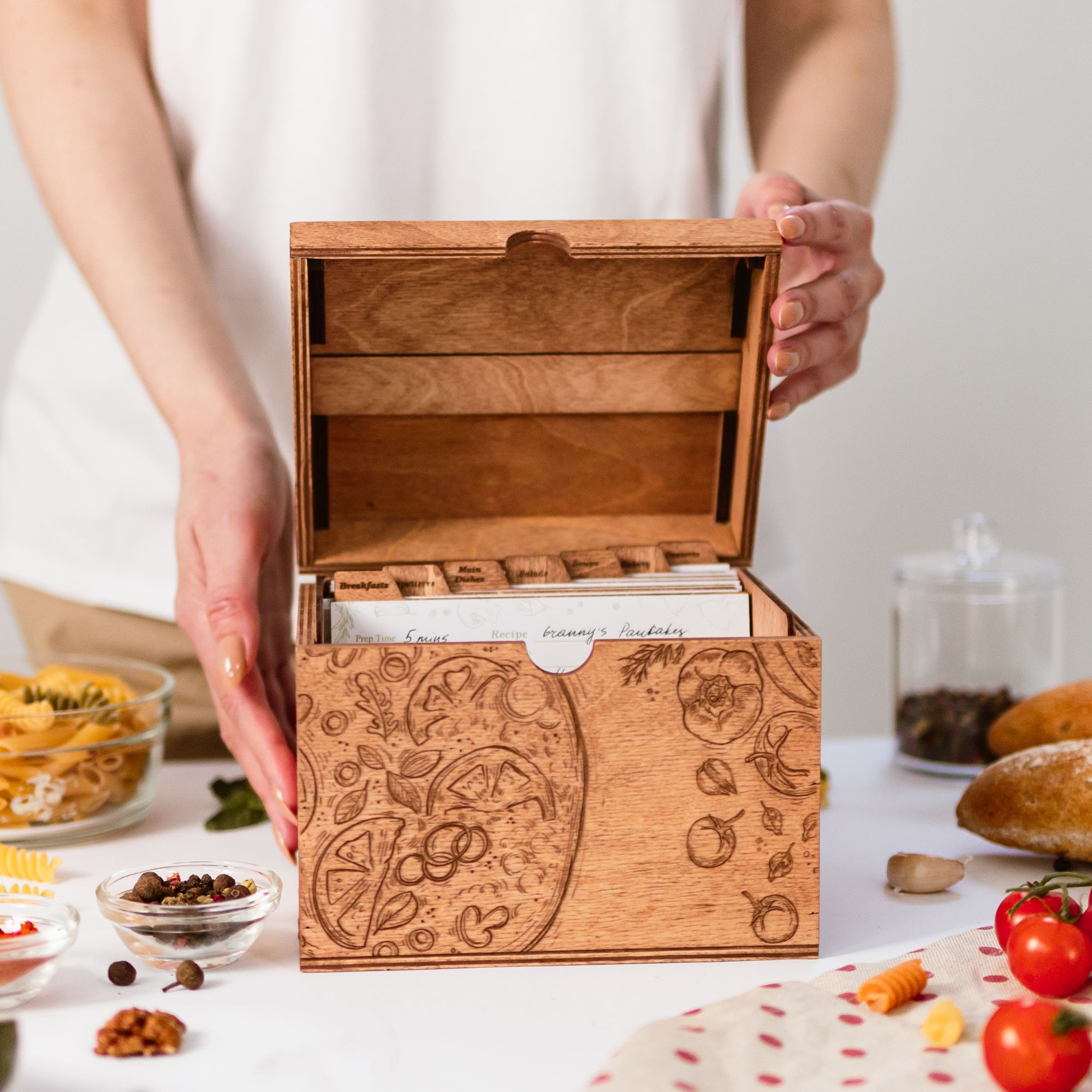 Personalized wooden recipe box with recipe cards inside