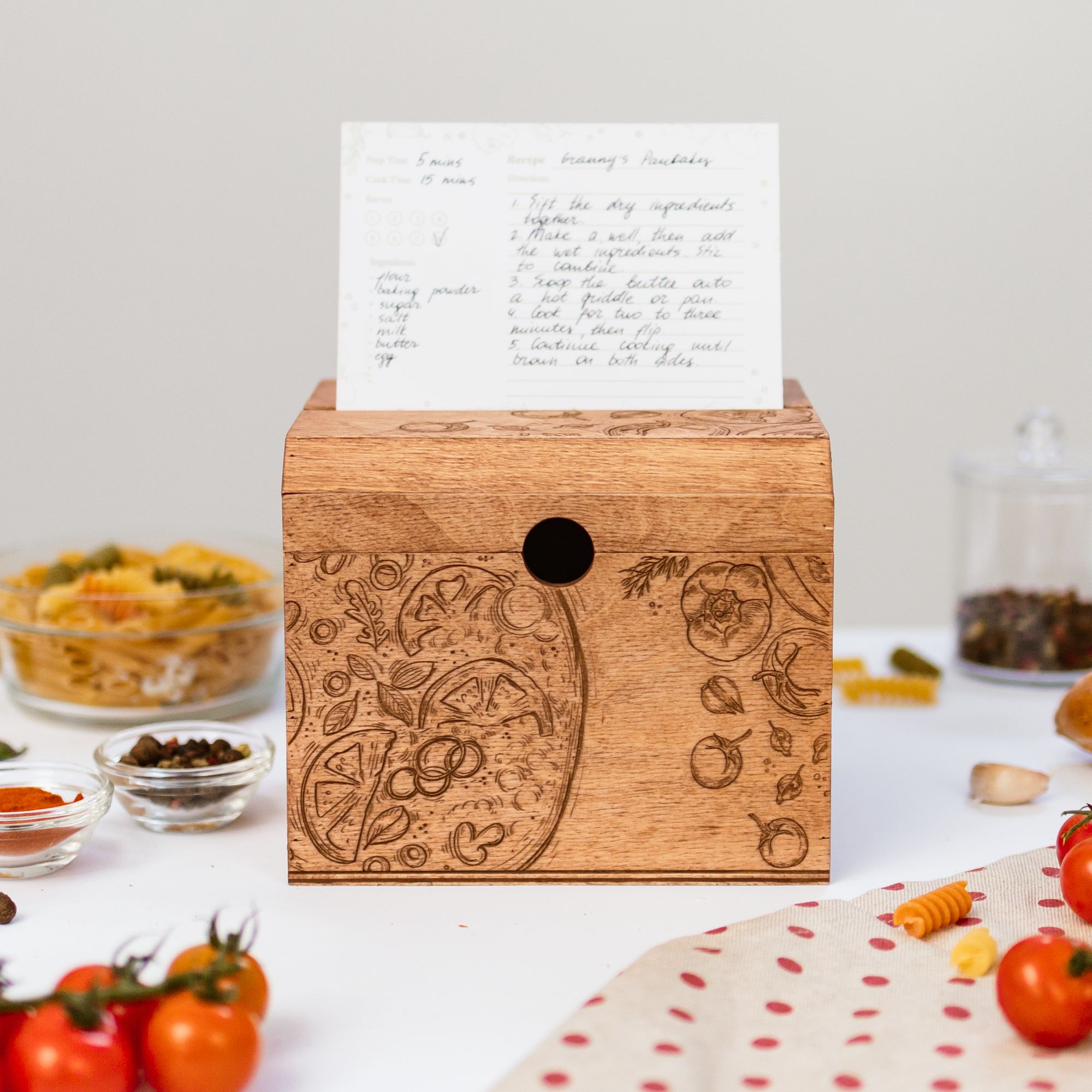 Rustic wooden recipe card holder with engraved lid