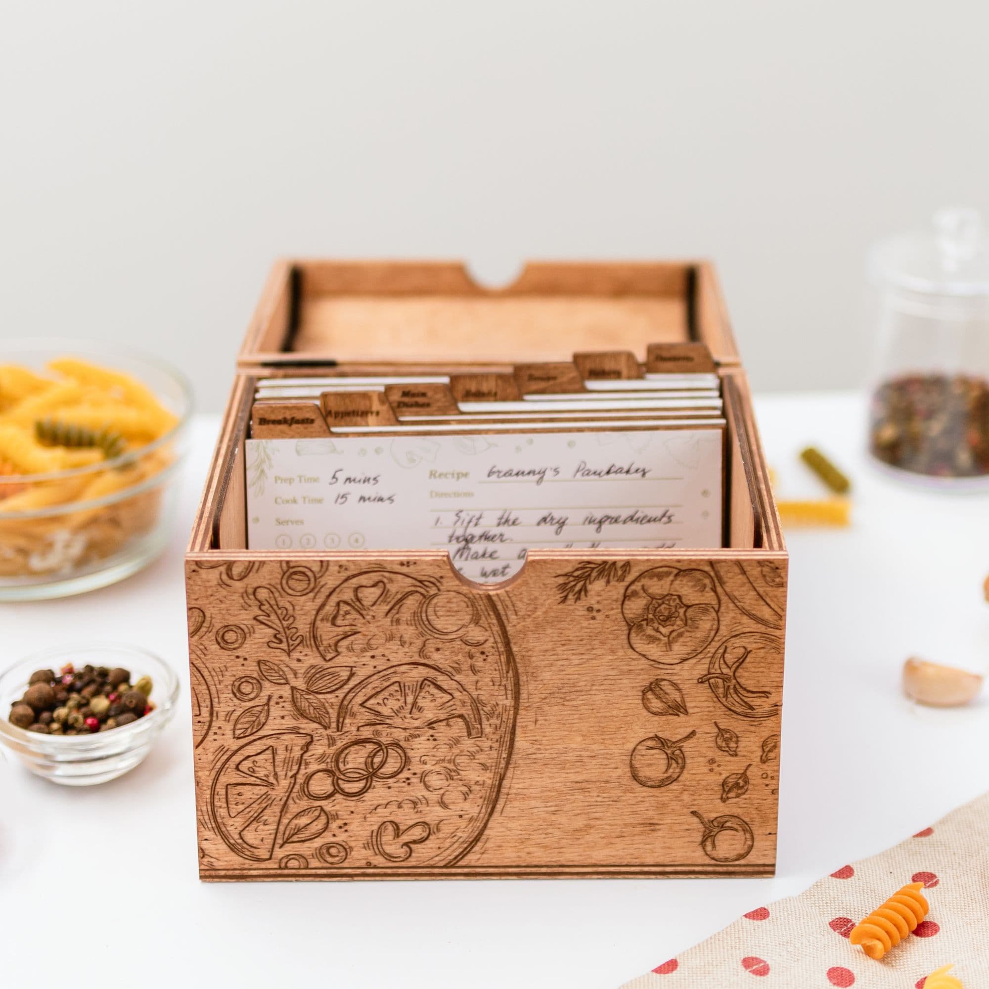 Engraved wooden recipe box with vegetable design on lid