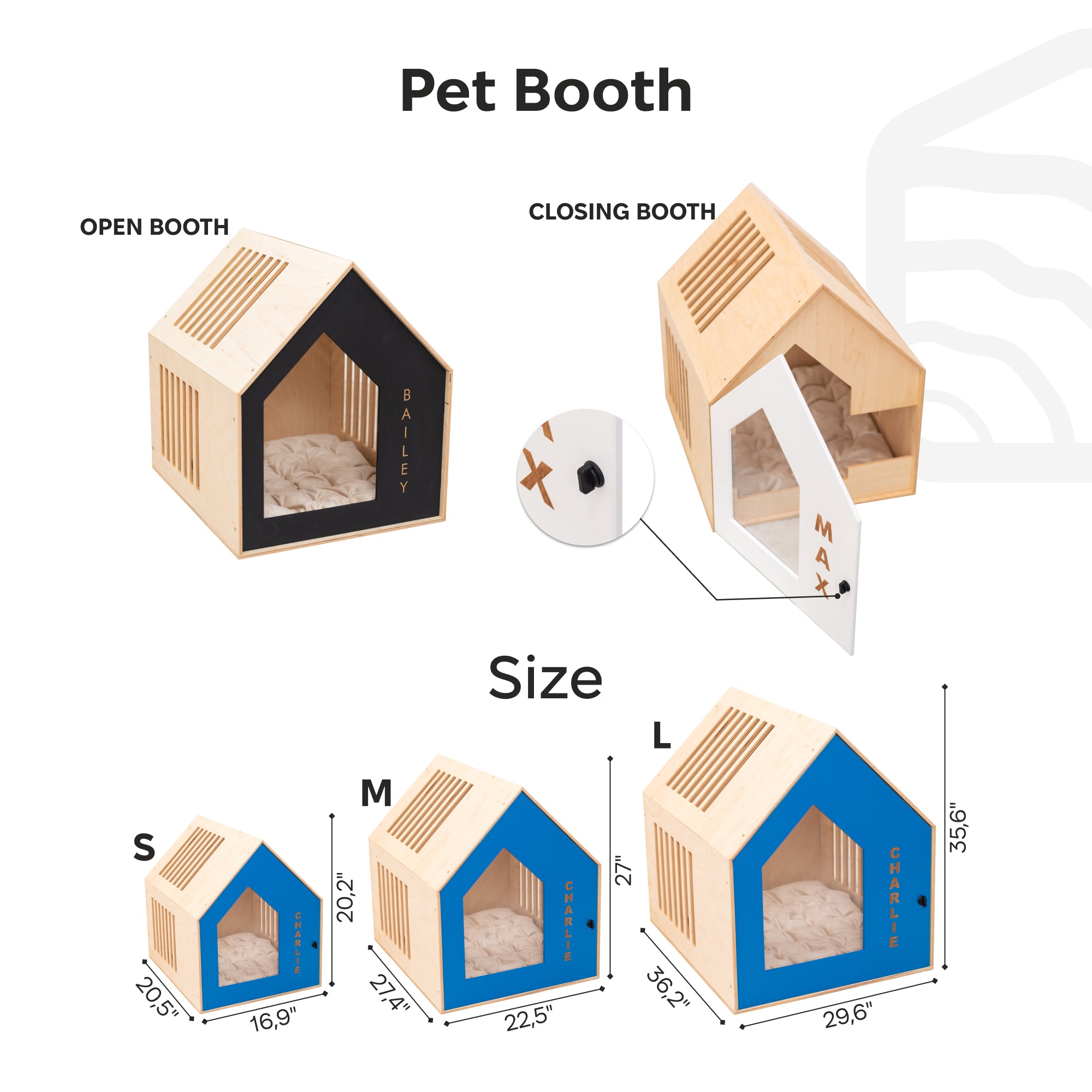 Pet Booth with open and closing options, showing size dimensions.