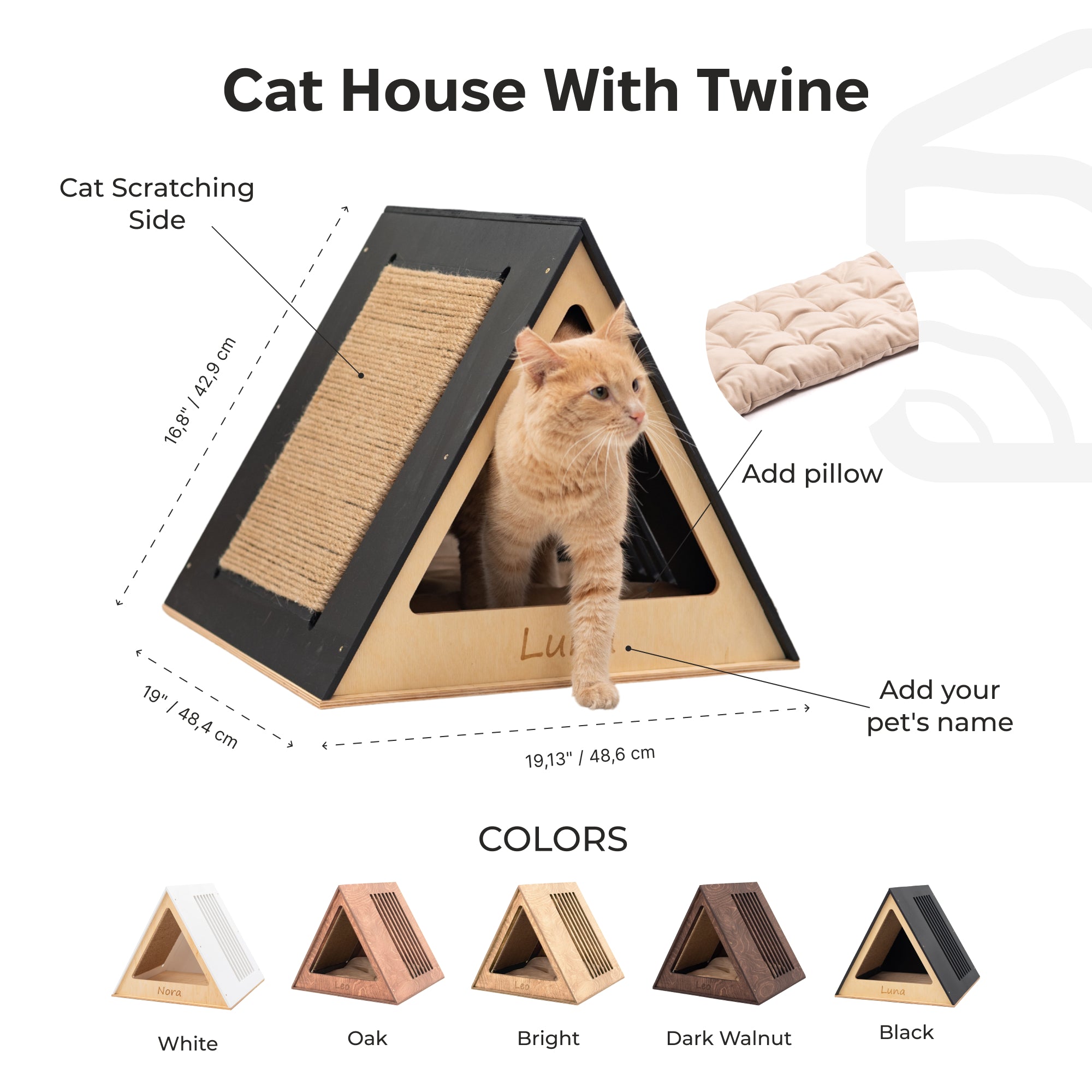Diagram of a triangular cat house with scratching side, dimensions, and color options.