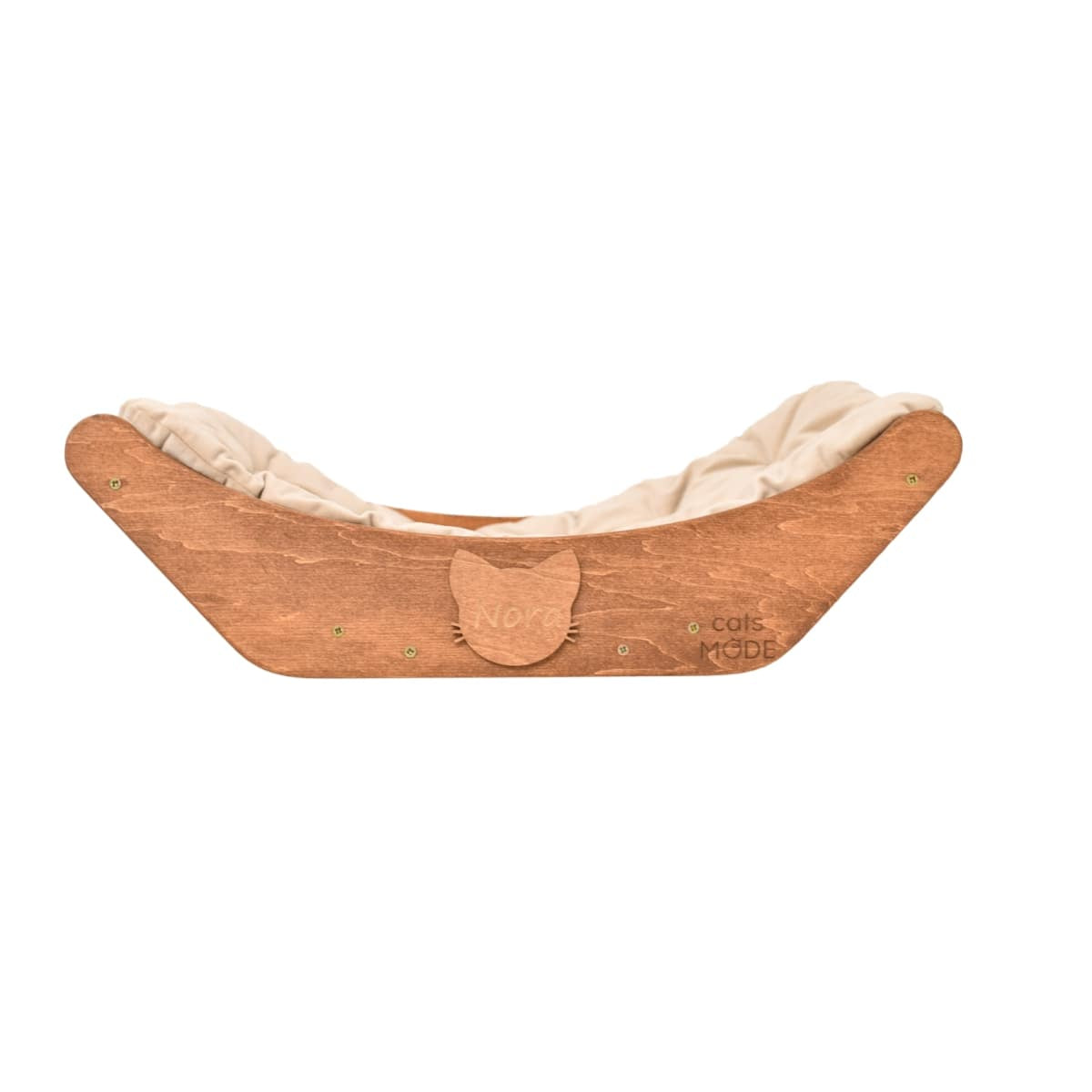 personalized floating cat shelf in oak color with sleeping cat pillow