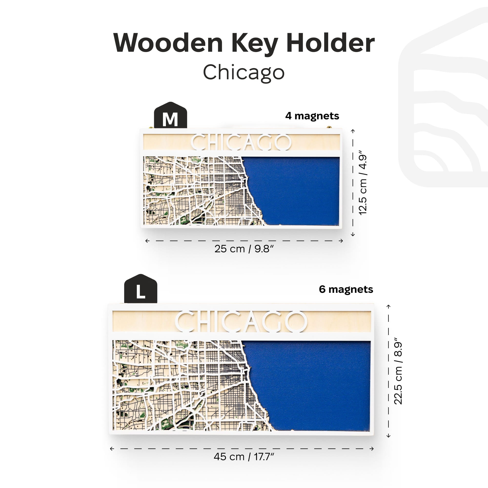 Wooden key holder with Chicago map design and measurements on a white background