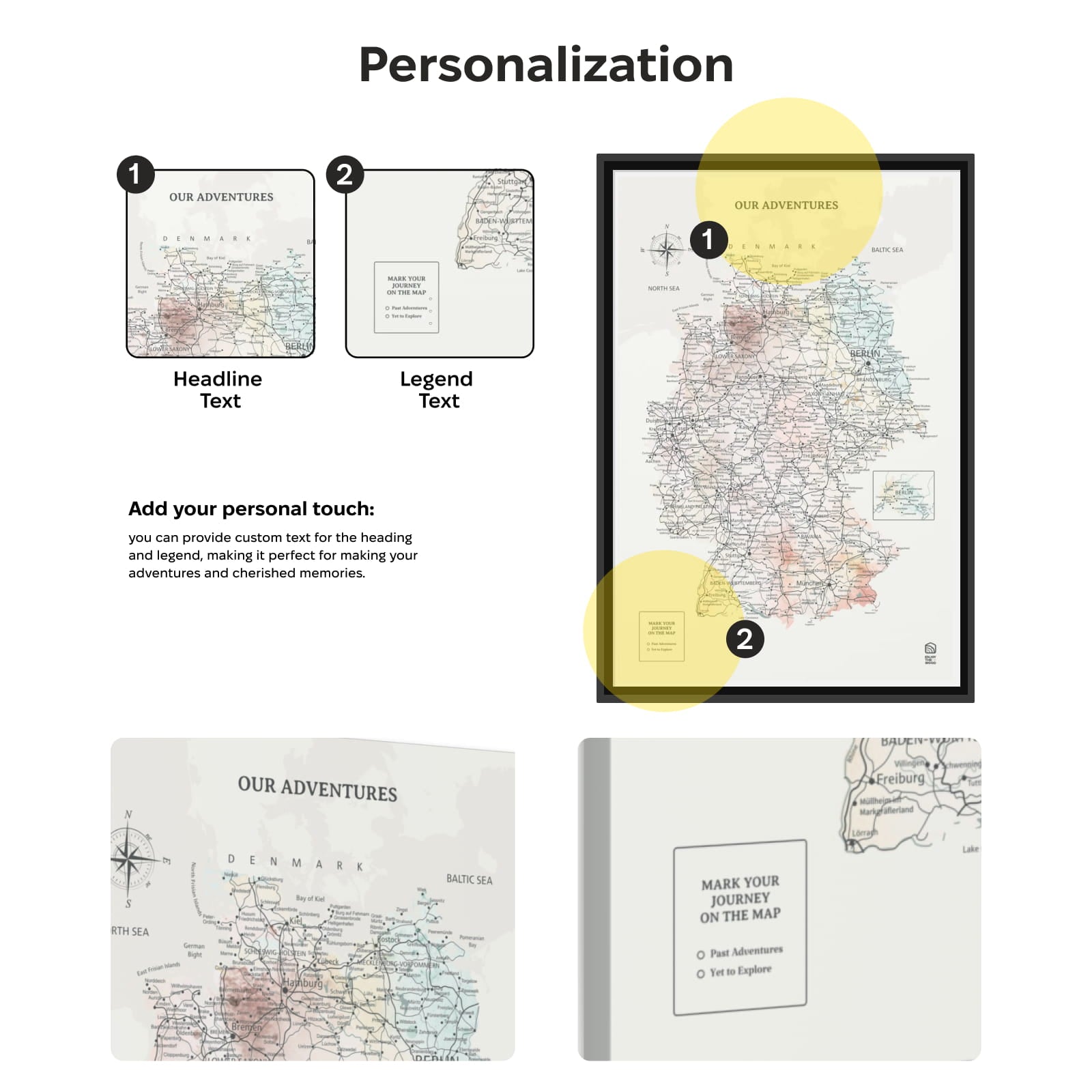 Map design with customizable text options on a white background