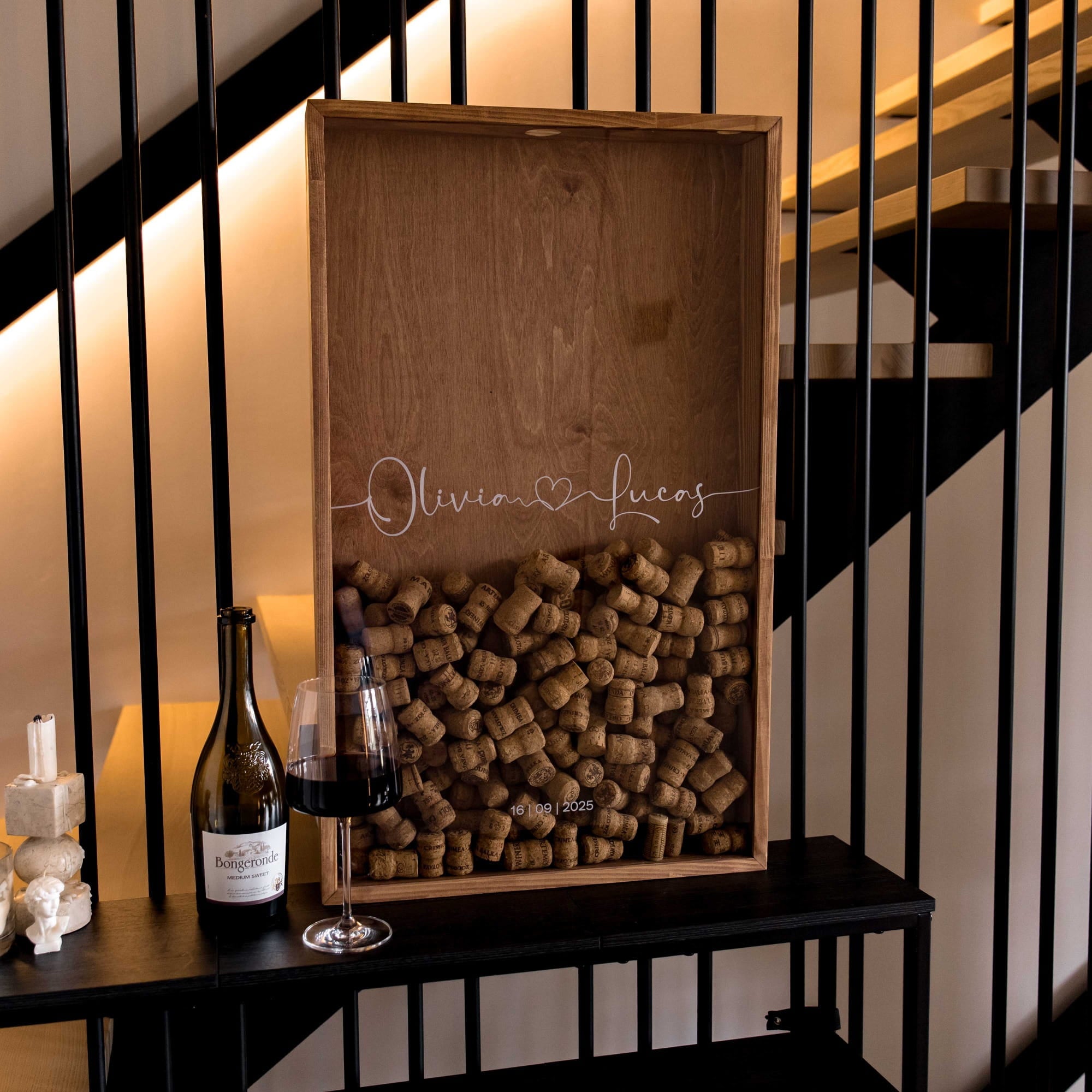 A personalized wooden wine cork box