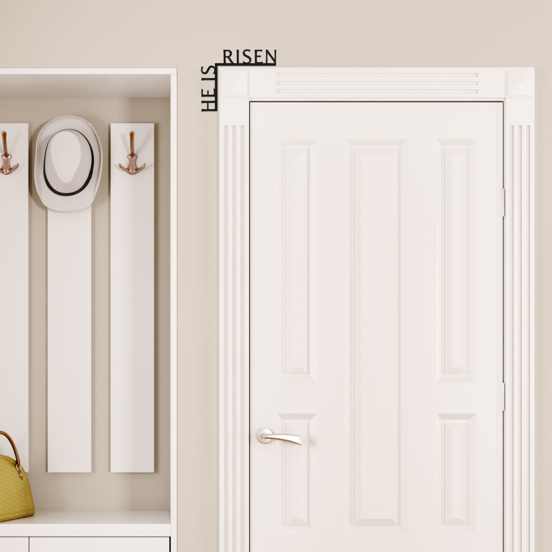 White door with a coat rack on a beige wall, featuring the brand 'HEIS RISEN'.