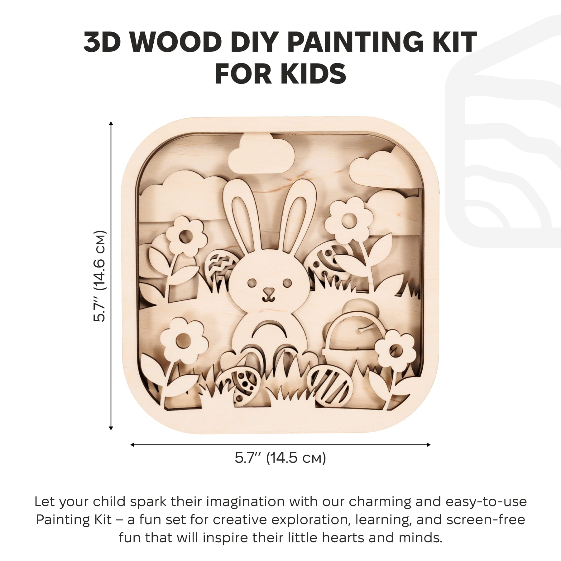 3D wood DIY painting kit for kids with a rabbit design and dimensions displayed.