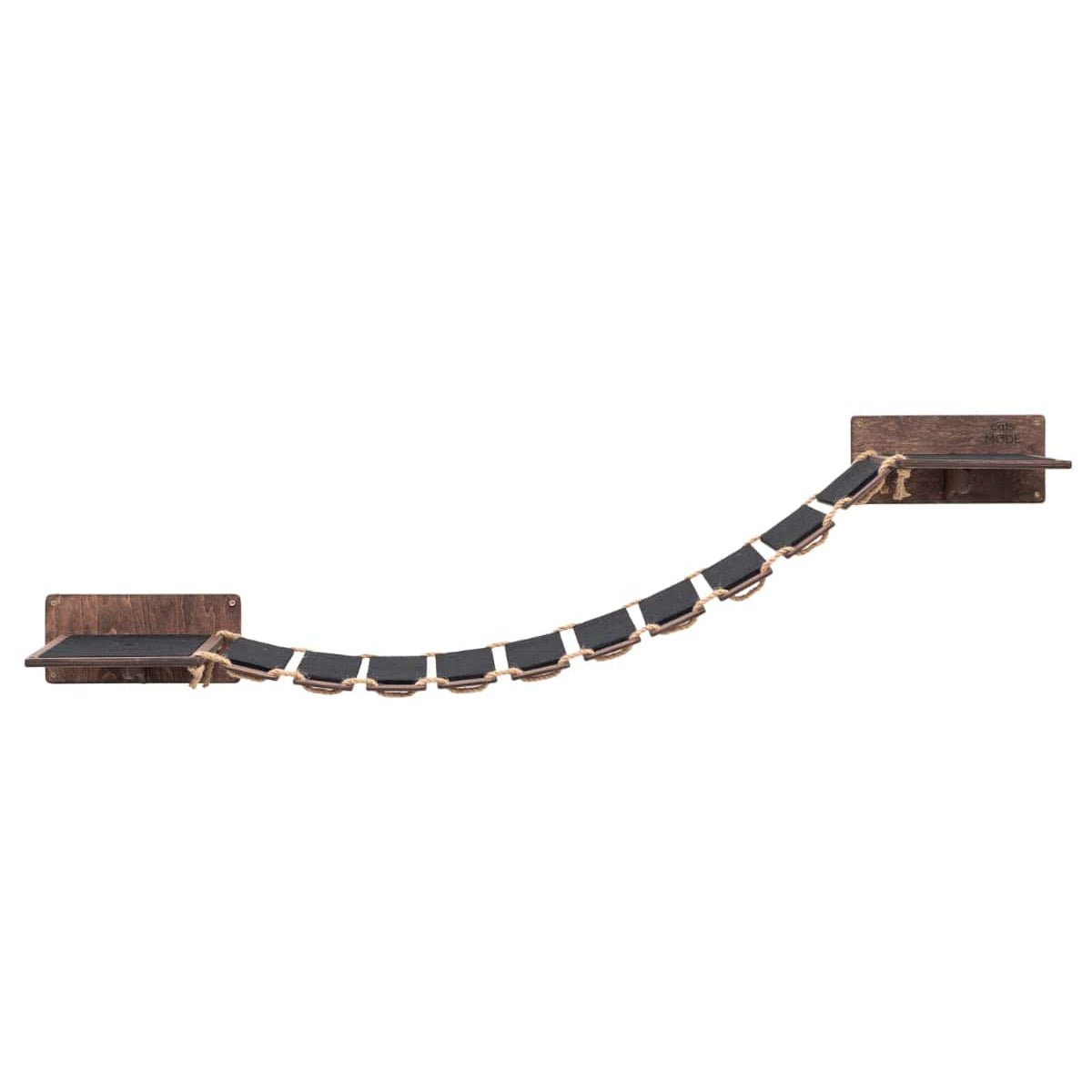 wood and rope cat bridge in dark walnut color covered with black felt