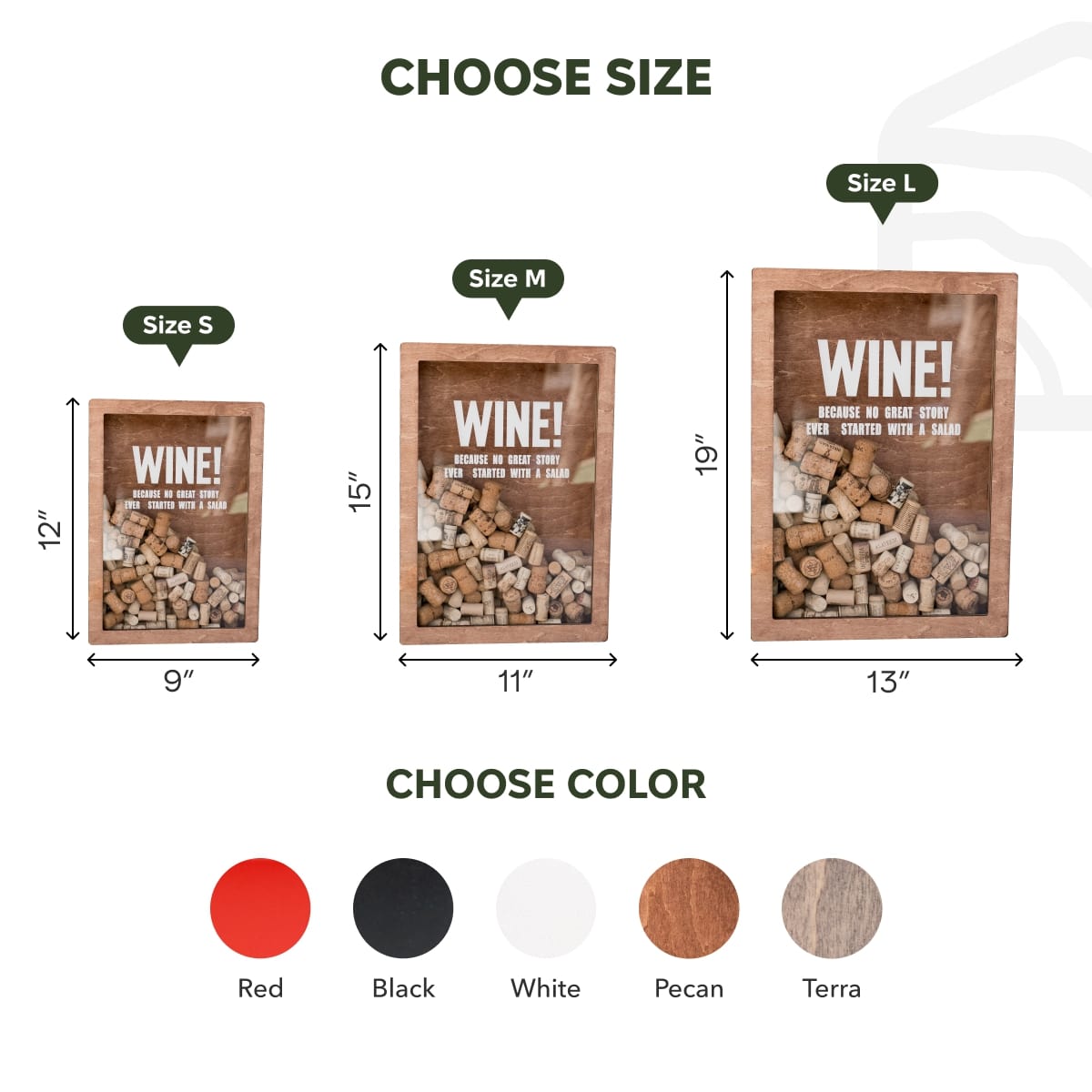 Wine cork display with size and color options on a white background