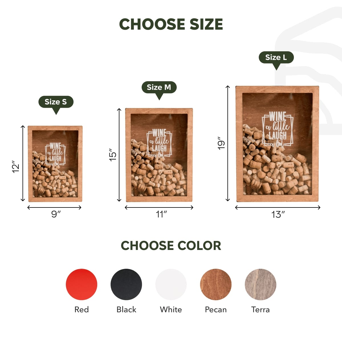 Wooden wine box with dimensions and color options on a white background