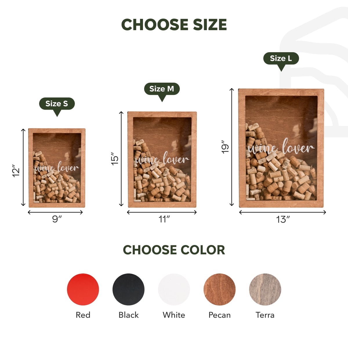 Wooden wine cork holder with size and color options on a white background