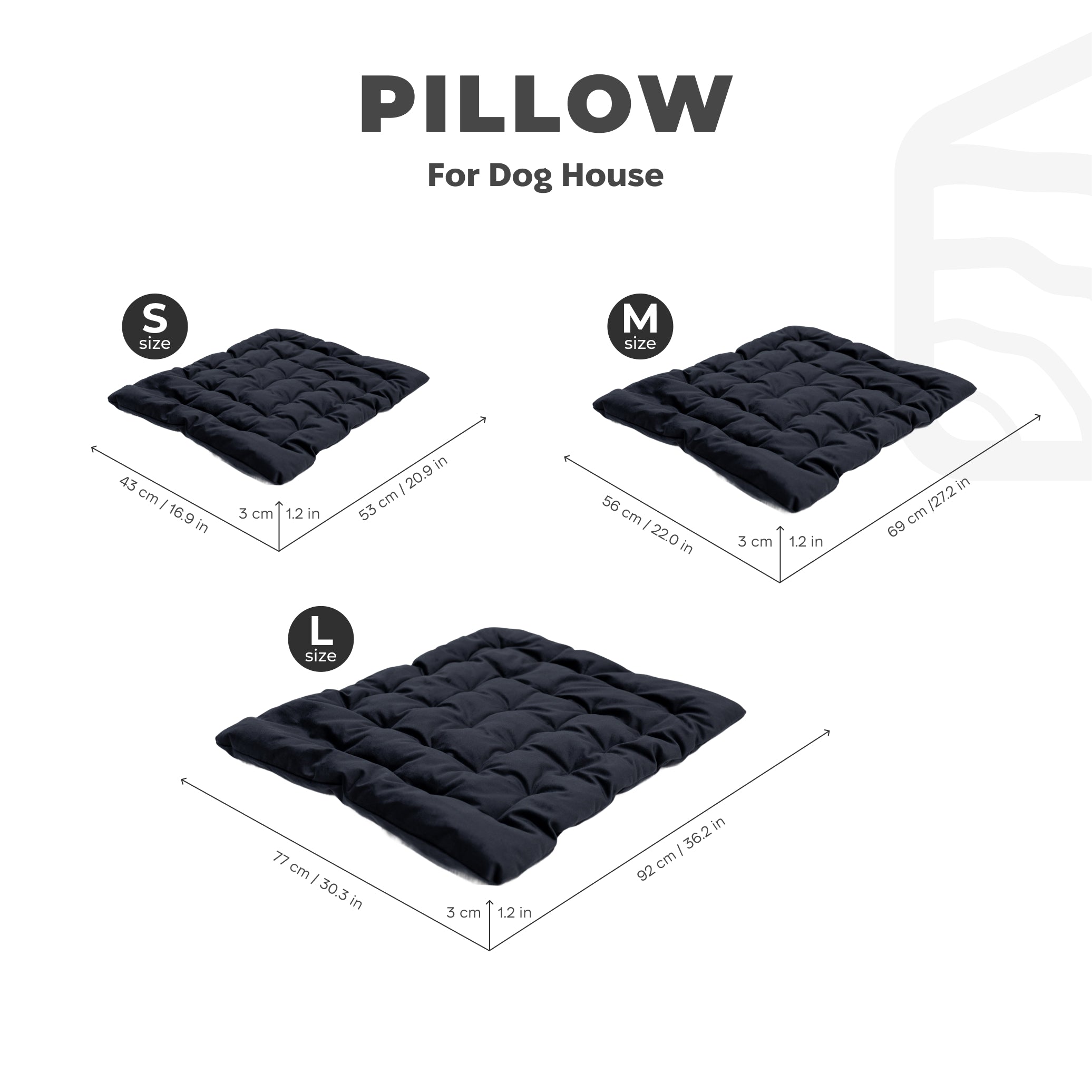 Black pillow for dog house with size chart on a white background