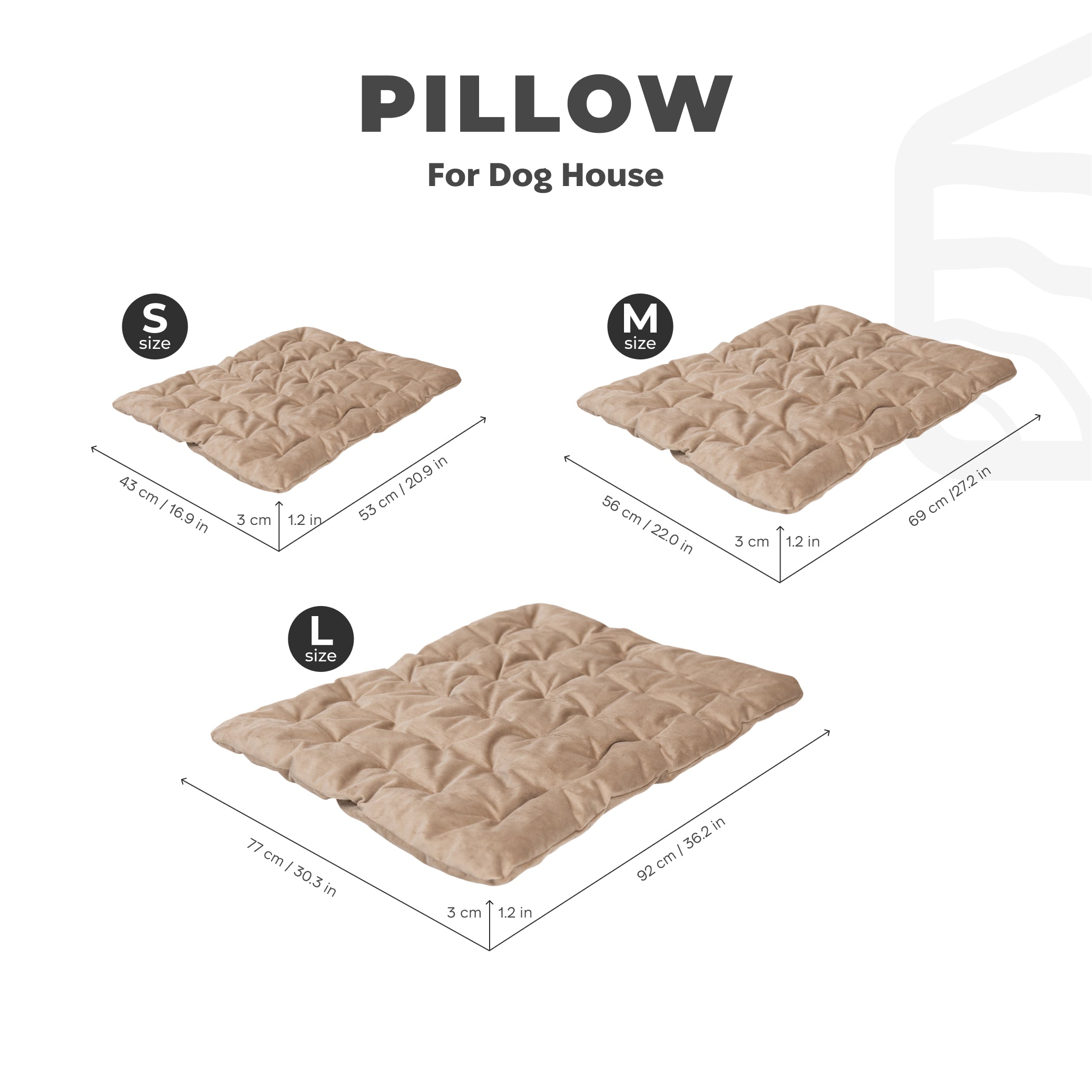 Beige dog house pillow with size chart on a white background