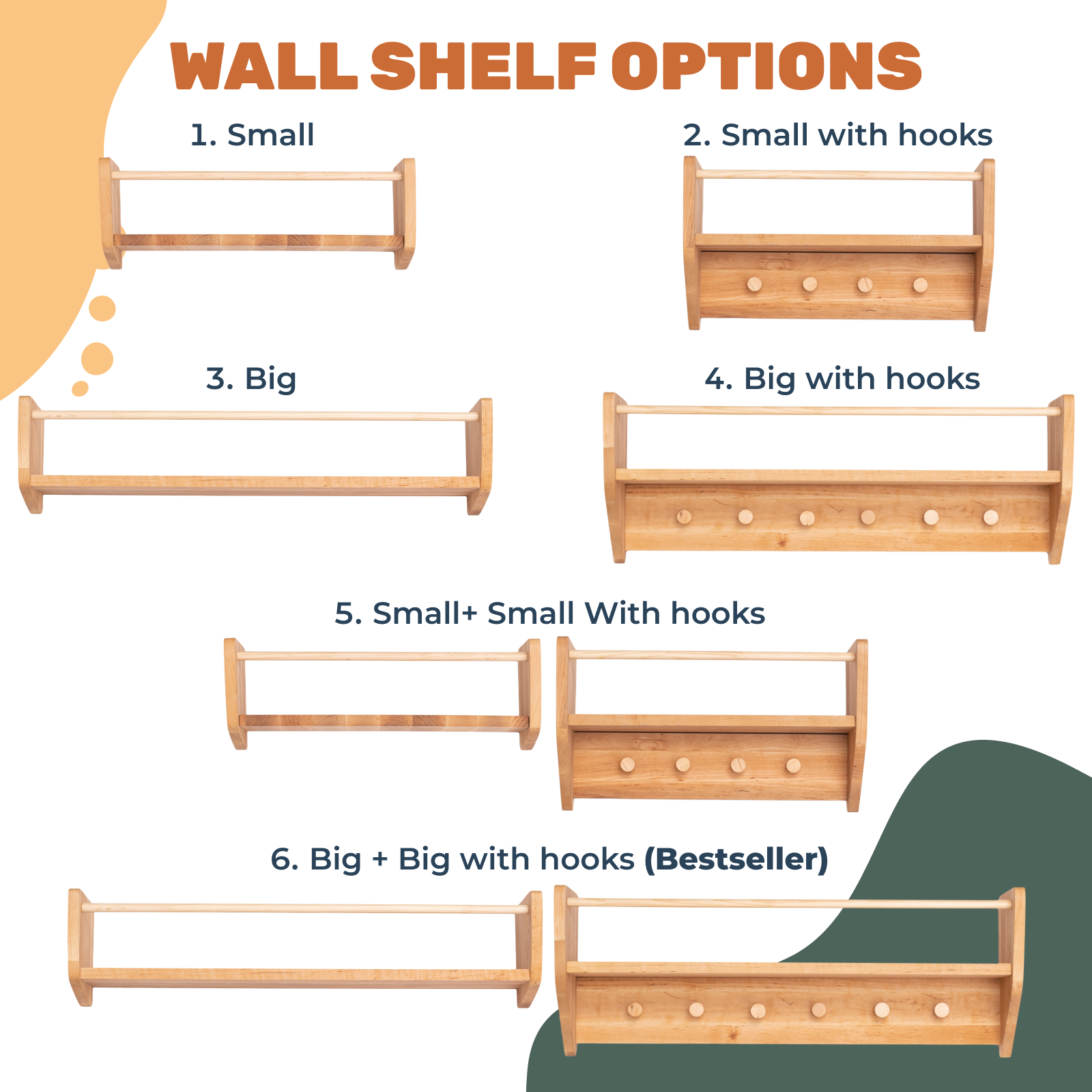 Wooden wall shelf options with small and big sizes