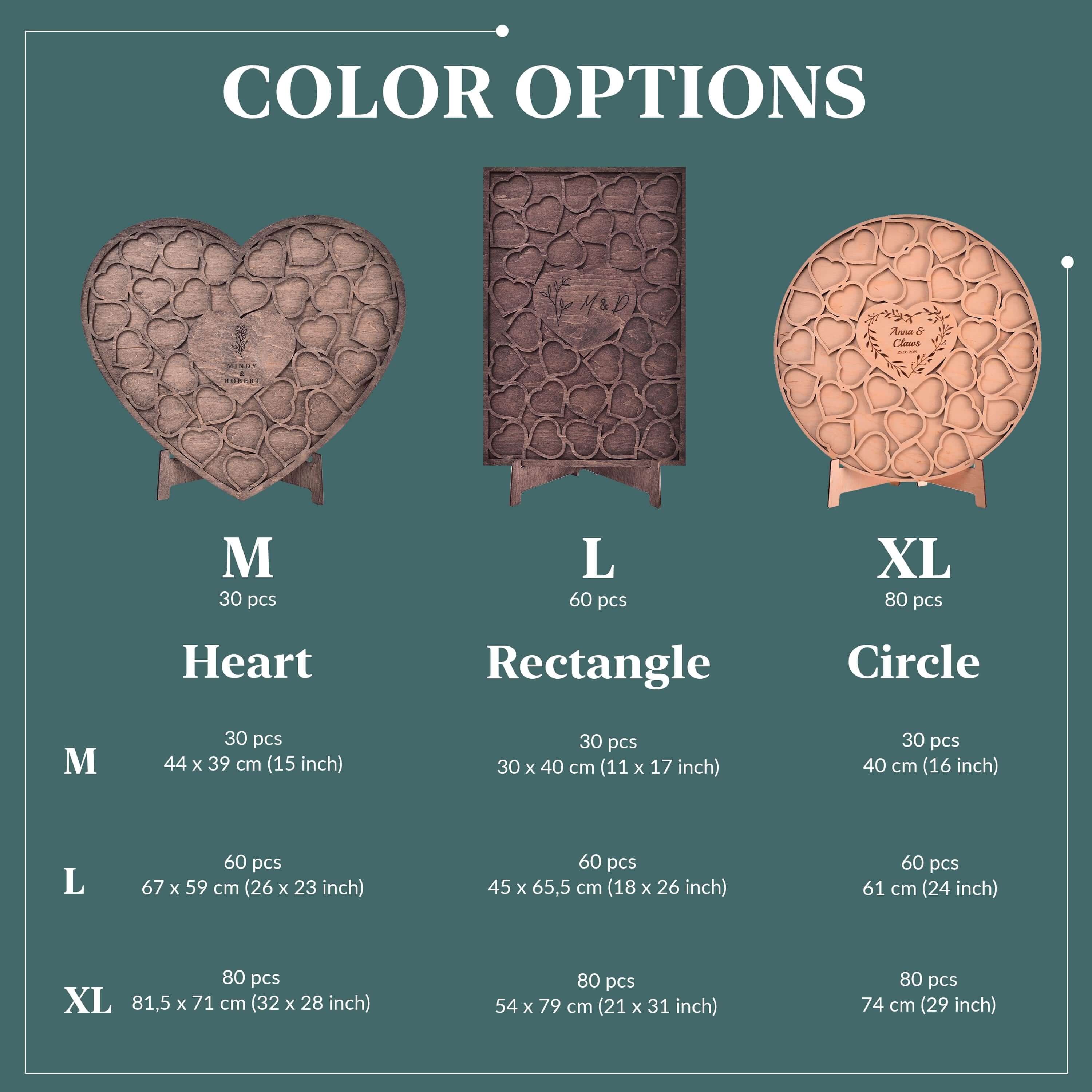 Wooden guest book heart, rectangle and circle shapes