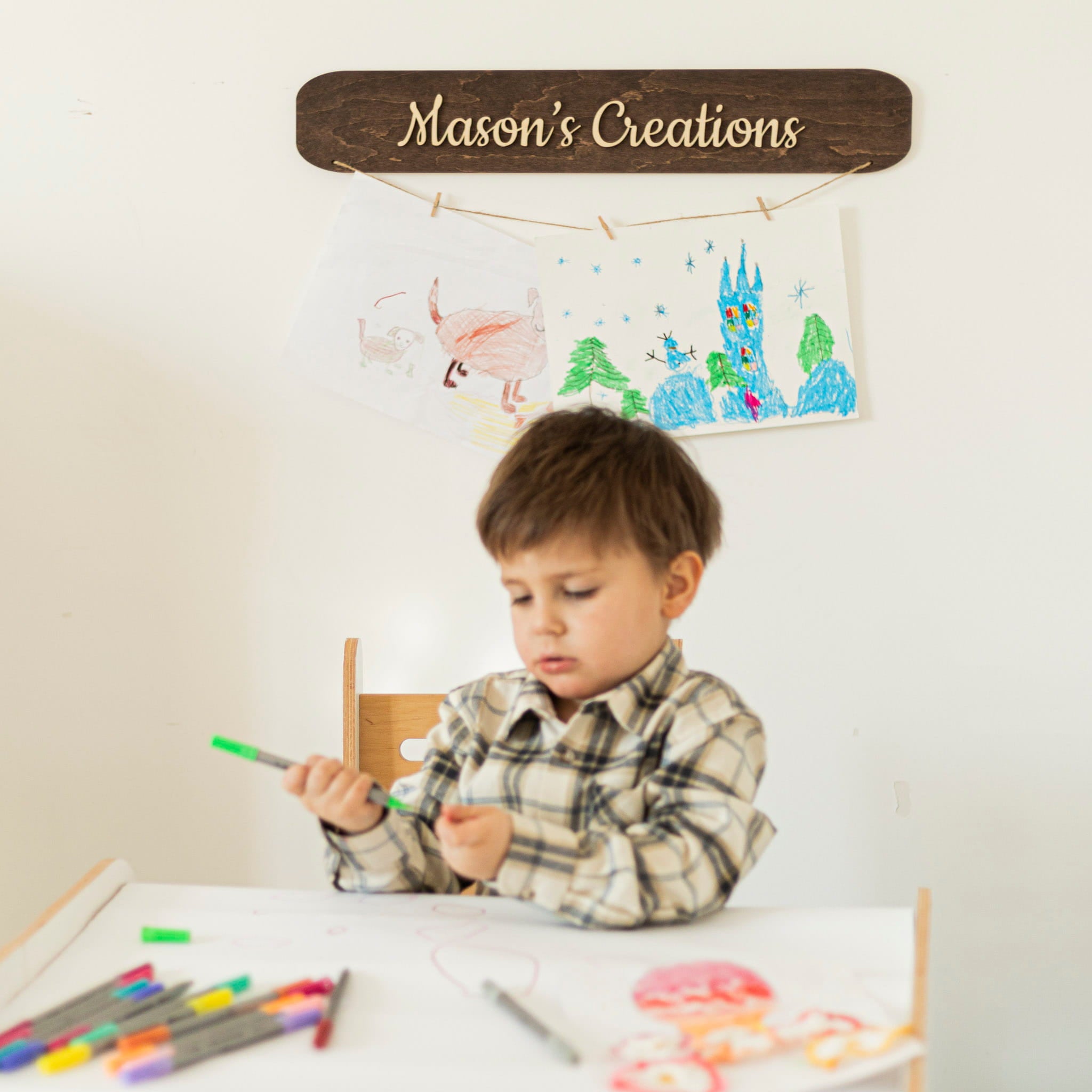 Kids Art Display Wall - Dark Walnut by Enjoy The Wood