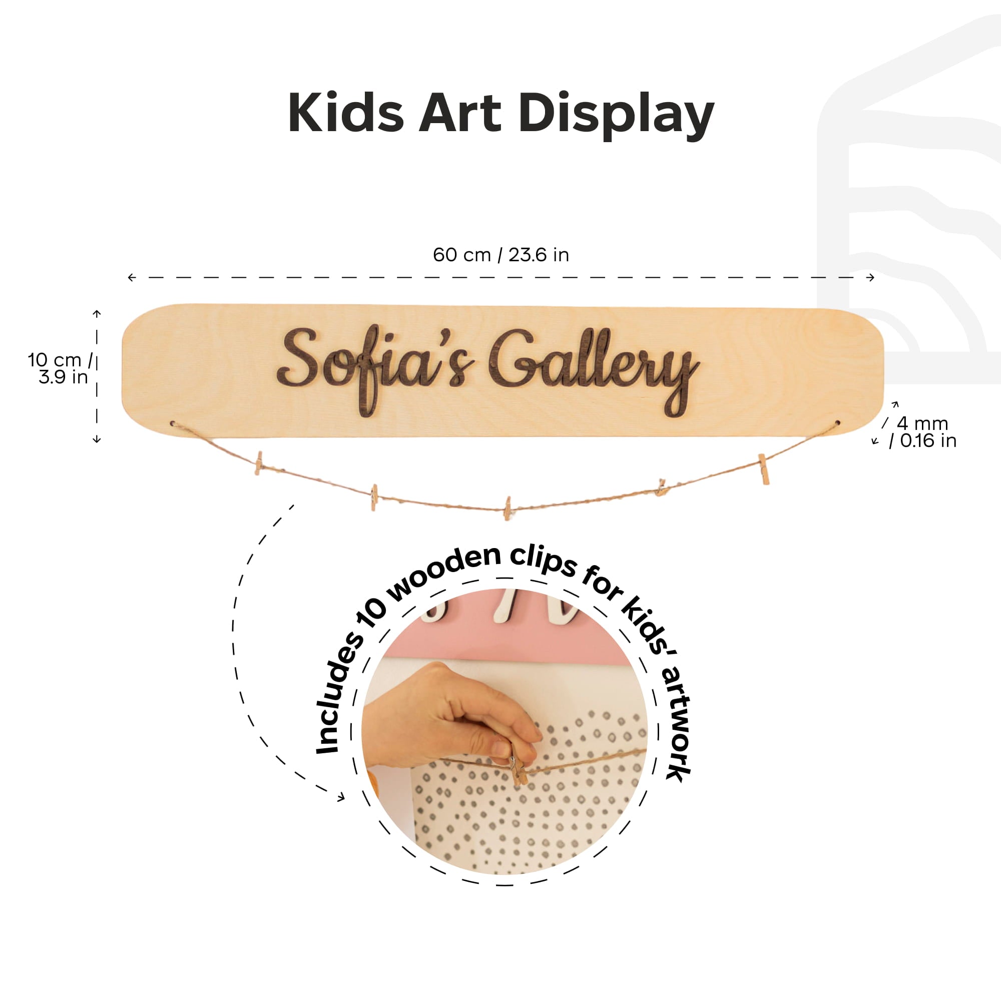 Wooden art display with 'Sofia's Gallery' engraving and measurements, including wooden clips for kids' artwork.