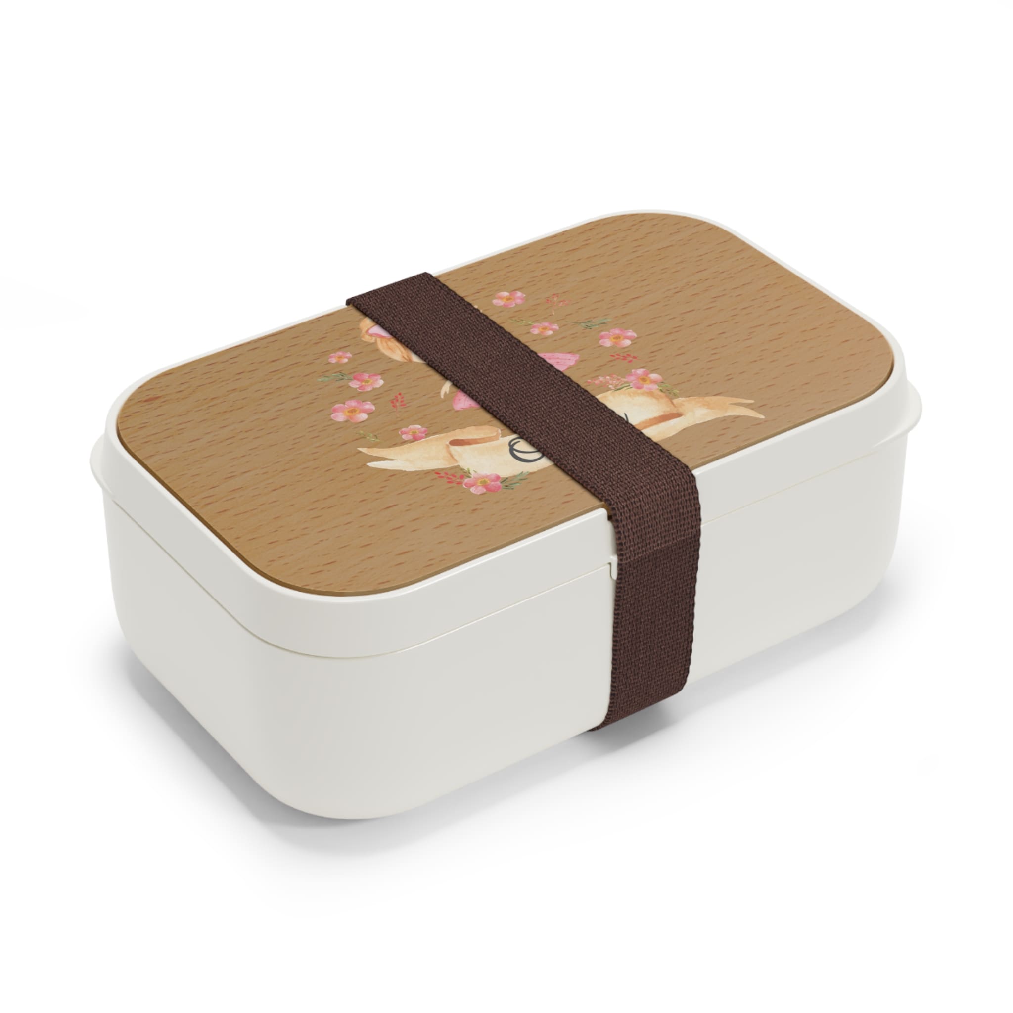 Rectangular food container with wooden lid and deer design on a white background