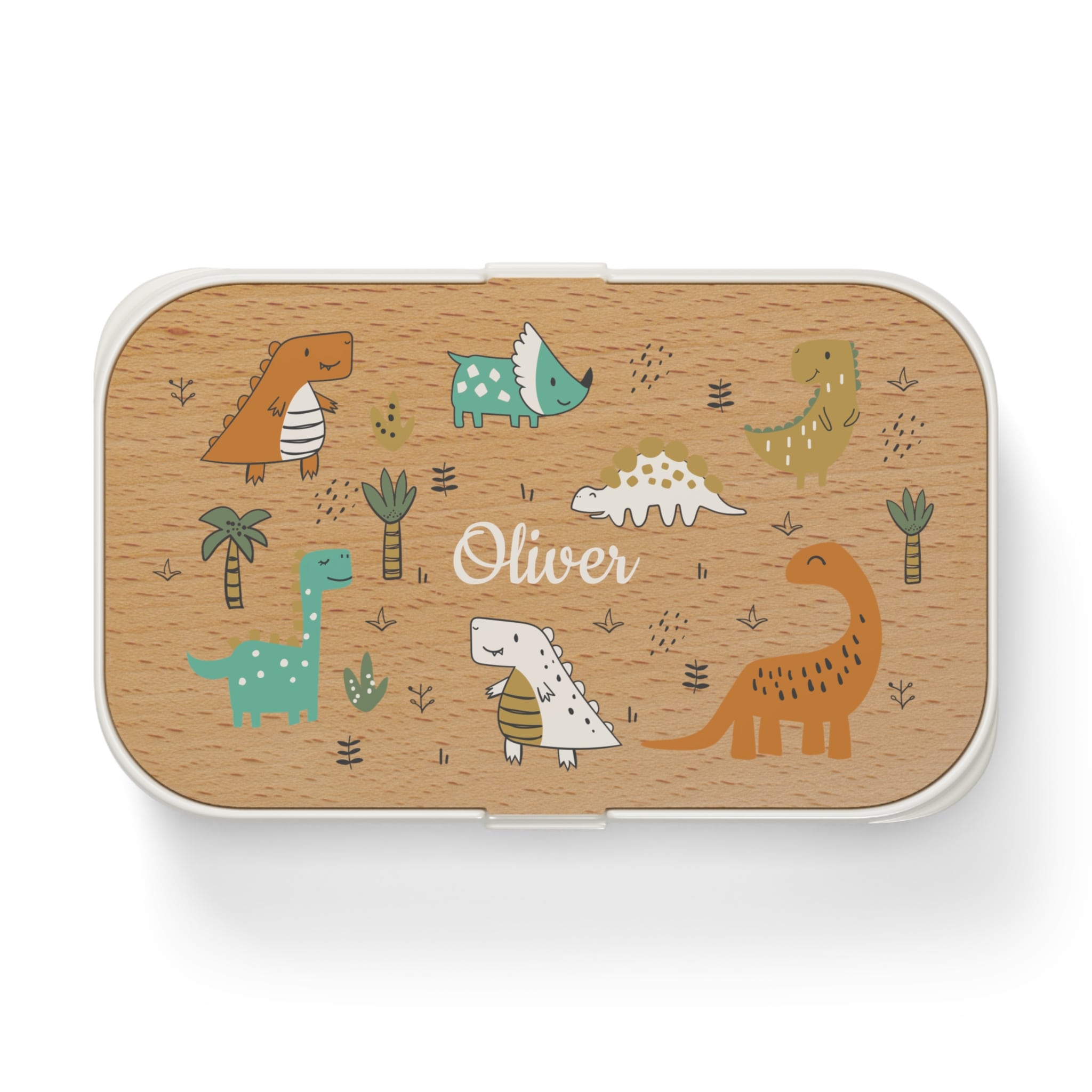 Wooden box with dinosaur illustrations and the name 'Oliver' on a white background