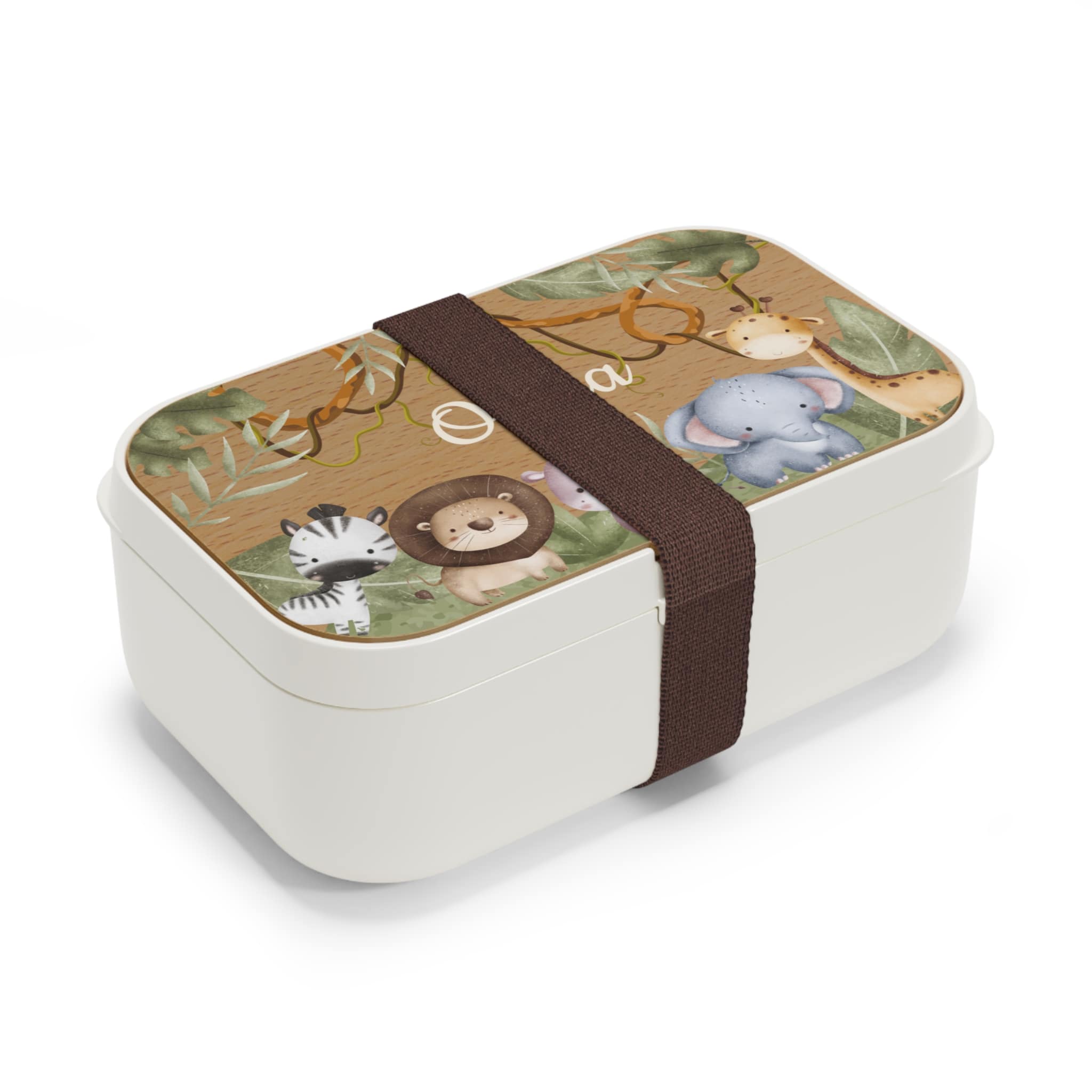 Rectangular snack box with animal illustrations and a brown strap on a white background