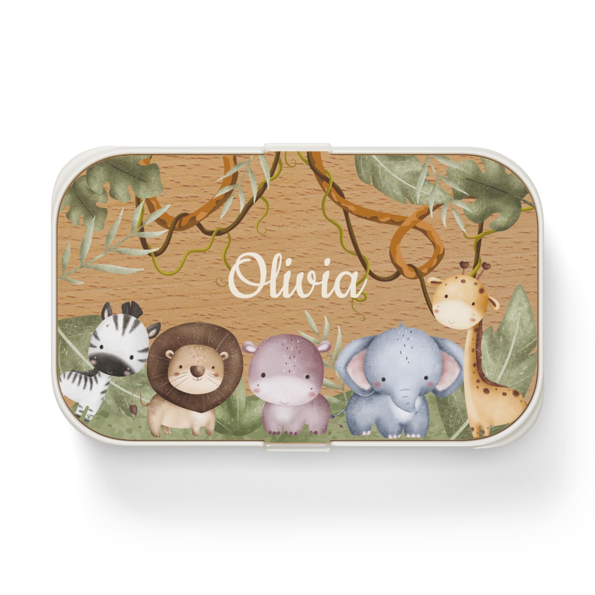 Rectangular tin with cartoon animals and the name 'Olivia' on a wooden background