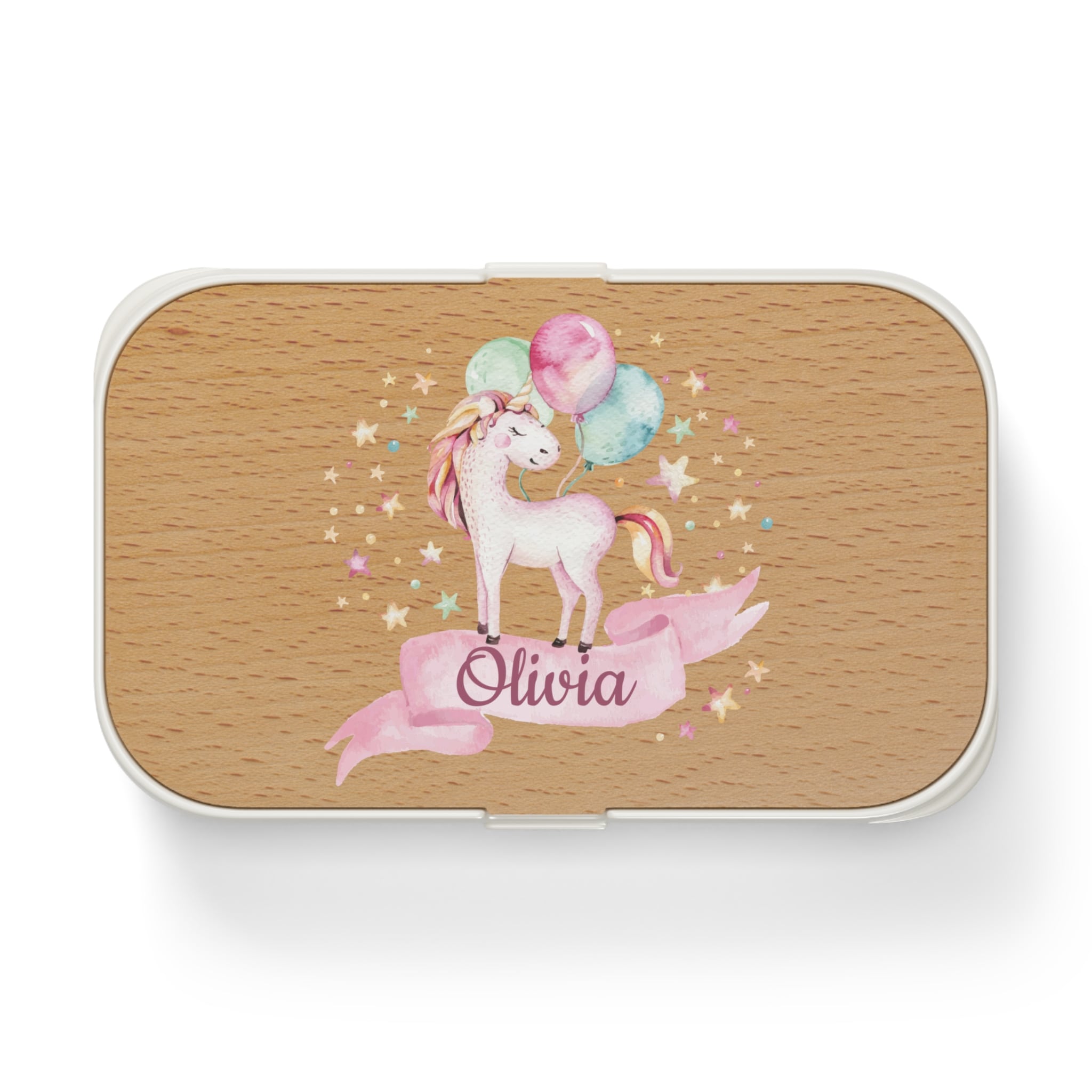 Wooden box with a unicorn design and 'Olivia' text on a white background