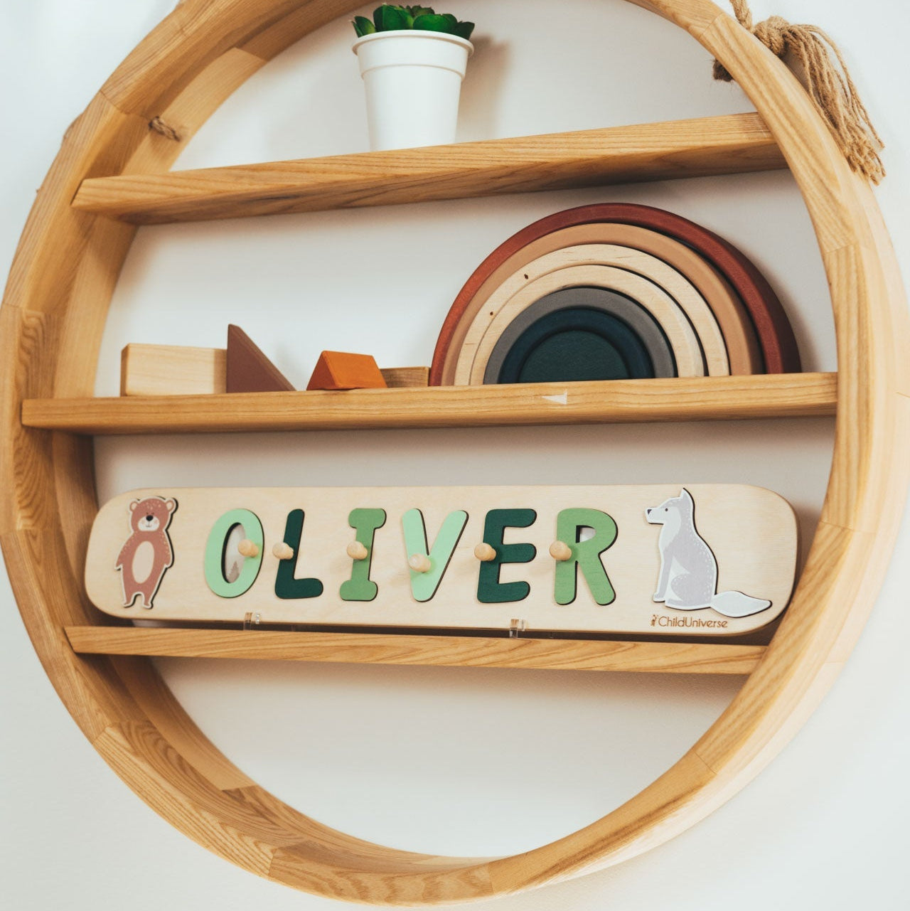 Wooden name puzzle with animals
