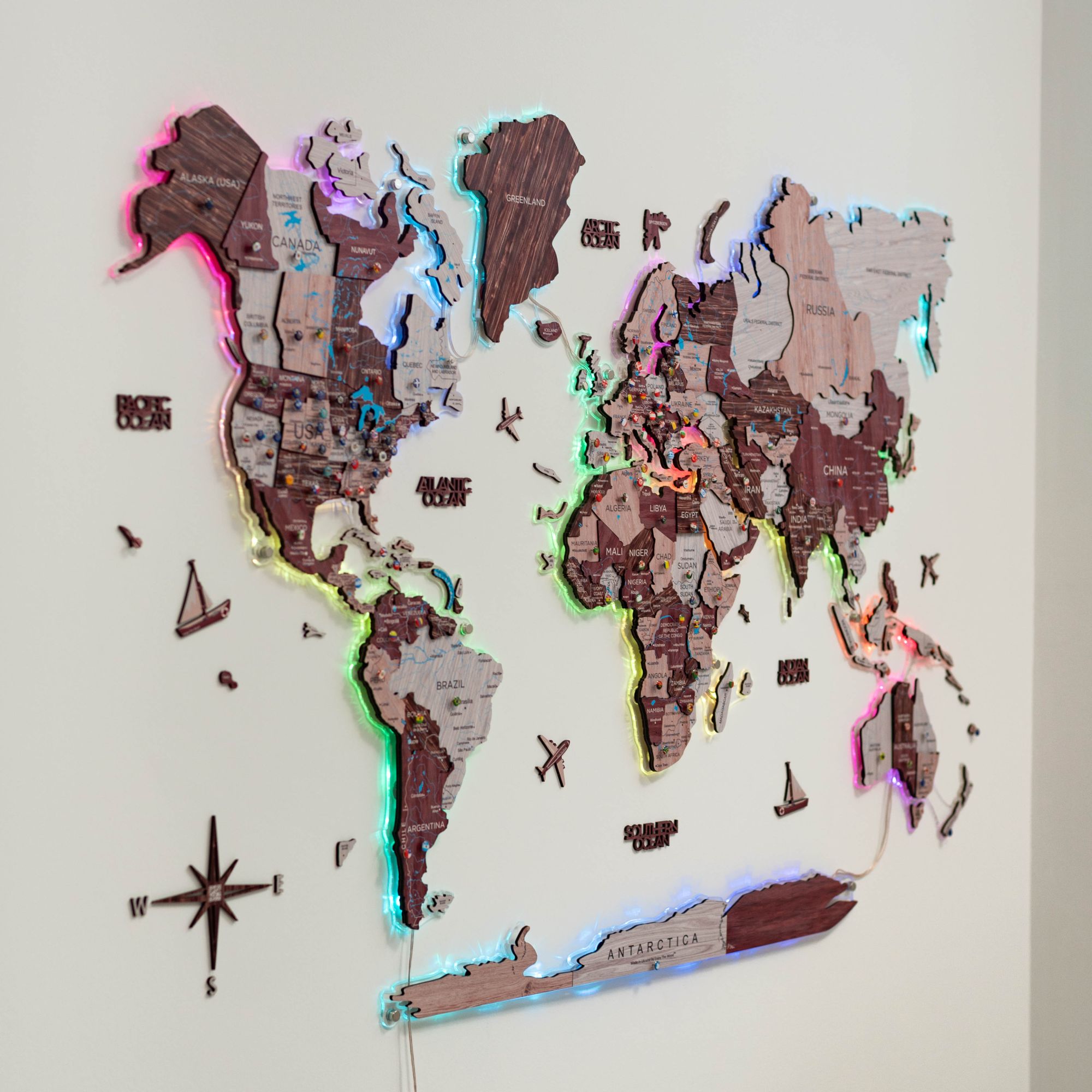 LED Colored World Map Cappuccino