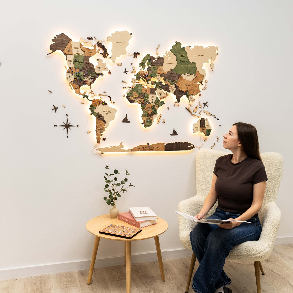 3D LED Carte du monde en bois 3.0 multicolore