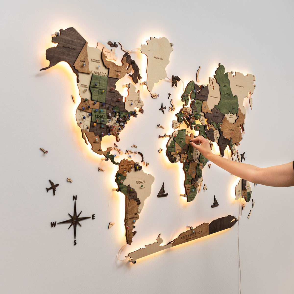 3D LED Carte du monde en bois 3.0 multicolore
